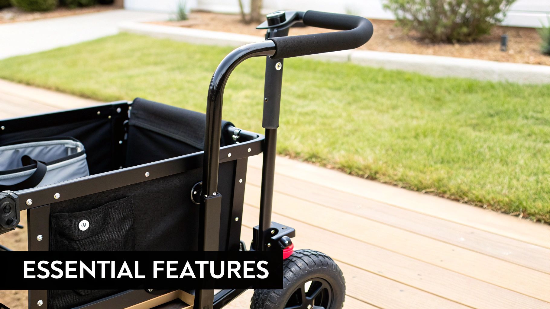 A black three-wheel utility cart with a padded handle, storage pockets, and a sturdy frame.