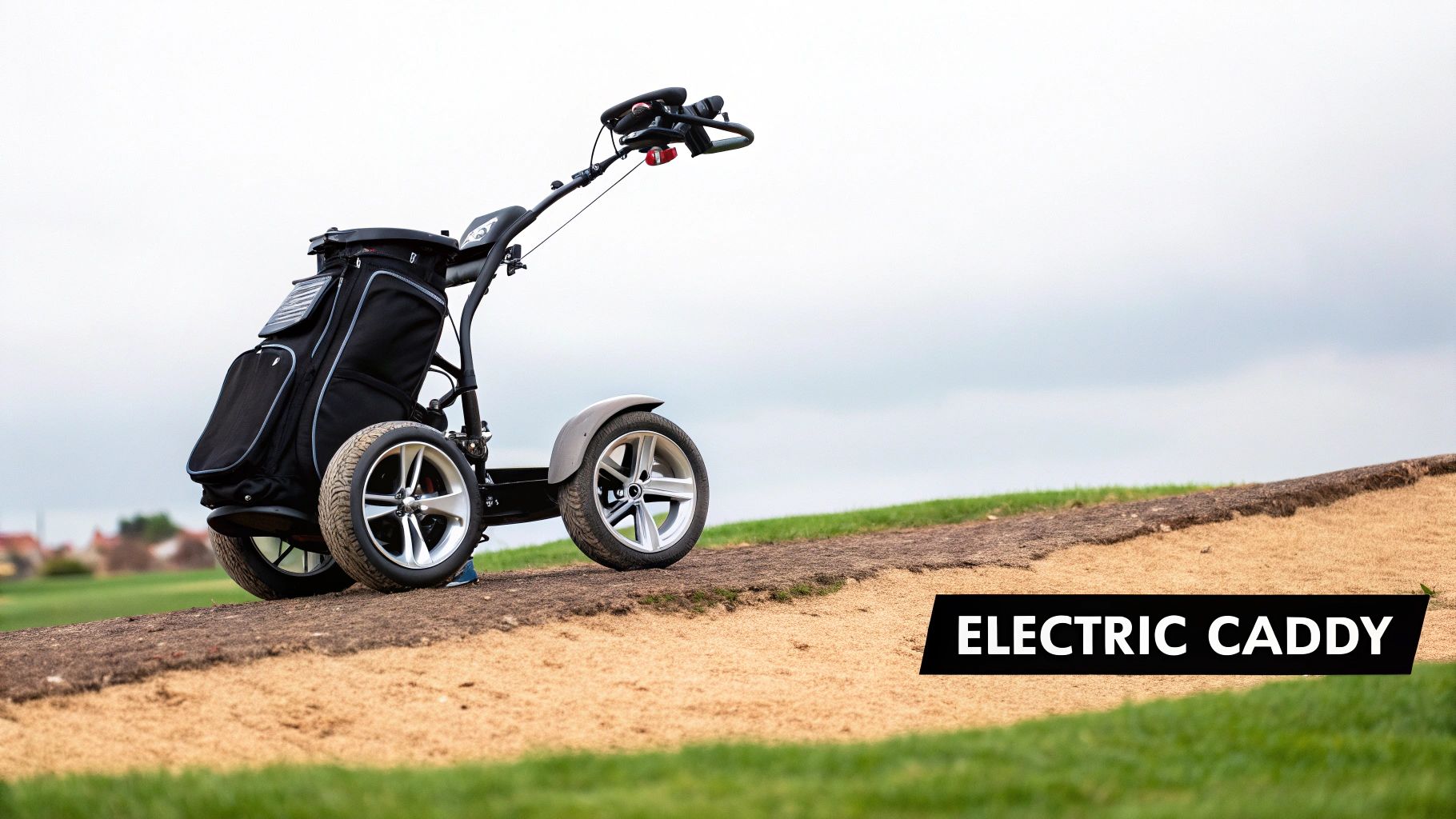 An electric golf caddy with a black golf bag stands on a dirt path at a golf course.