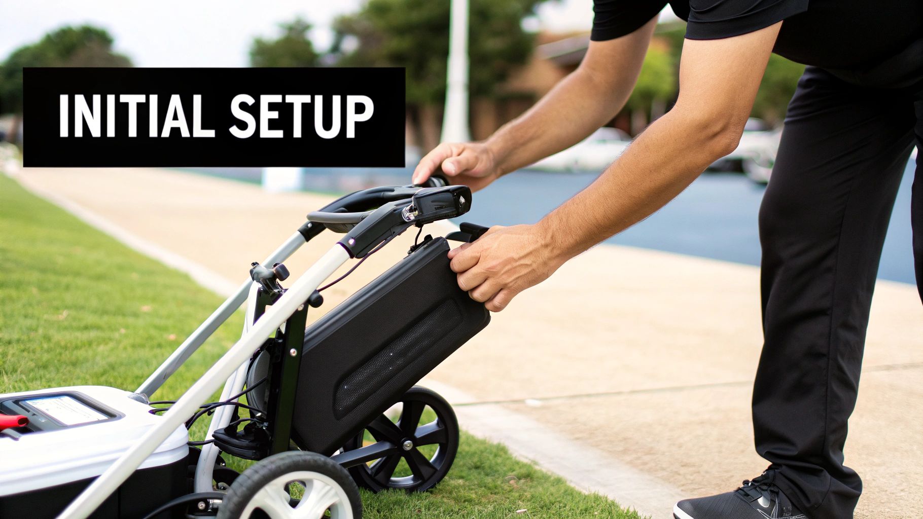 A golfer setting up their new electric golf trolley on the grass