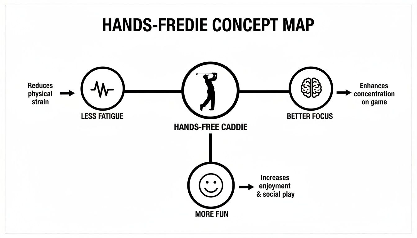 Concept map illustrating the benefits of a hands-free golf caddie, leading to less fatigue and better focus.