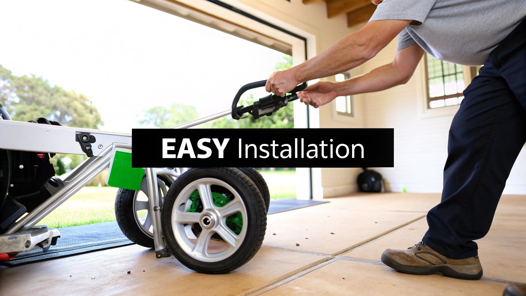 A person installs a wheeled attachment onto a device, with a banner stating 'EASY Installation'.