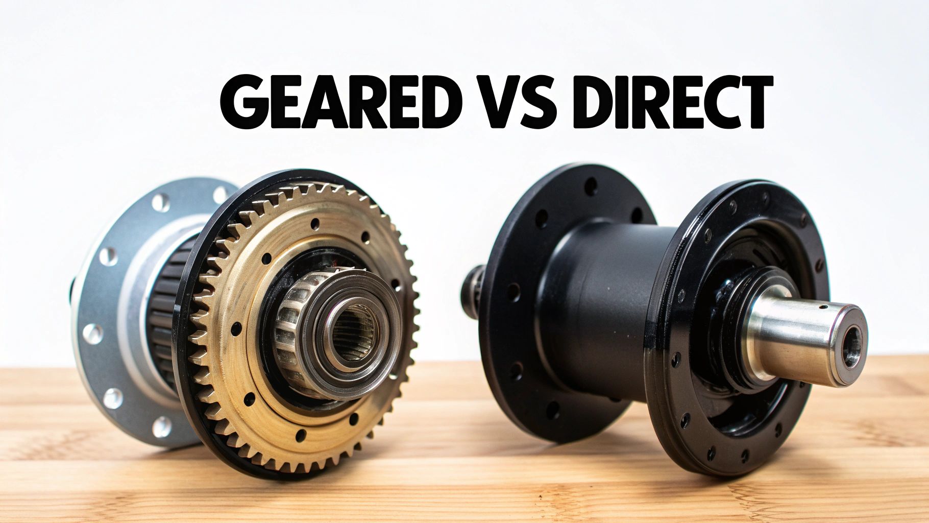 Close-up comparing a geared hub (left) and a direct drive hub (right) on a wooden surface.