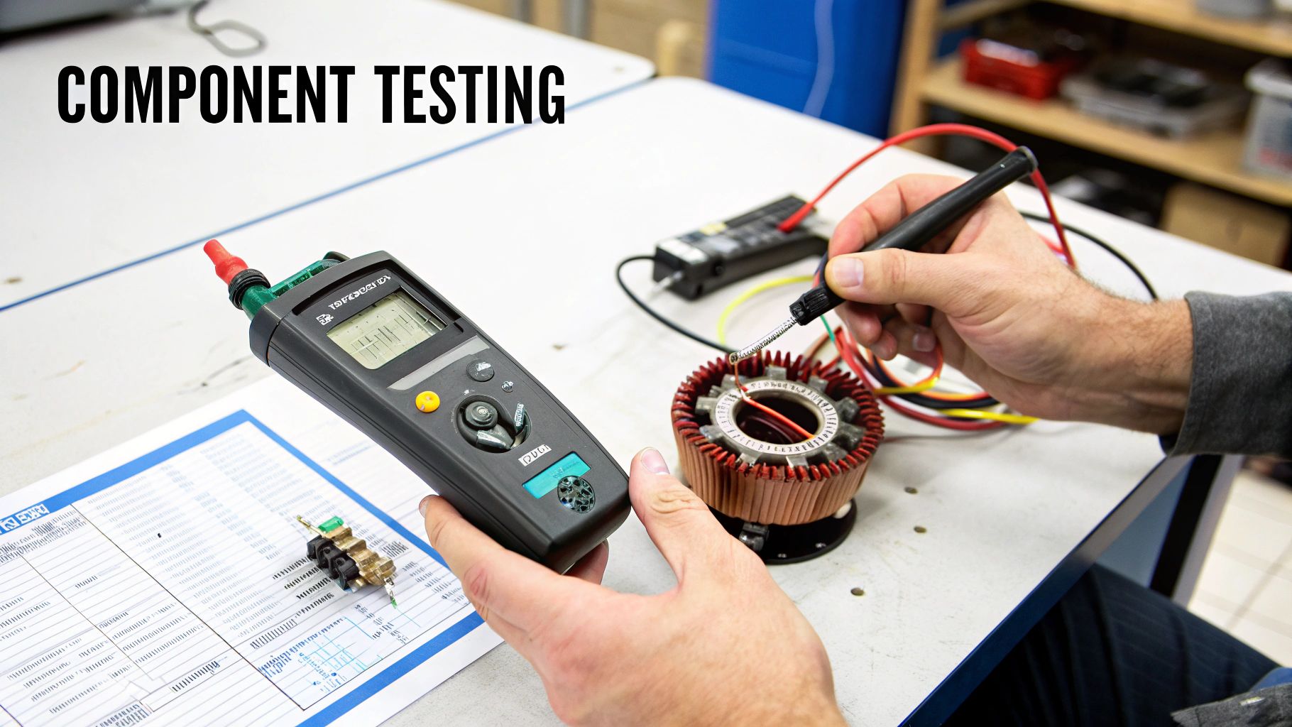 Close-up of hands using a handheld meter to test an electrical winding component.