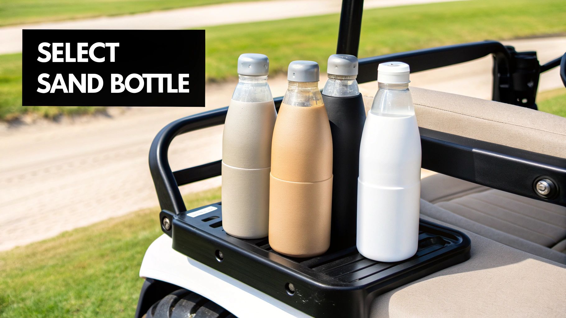 Four sand bottles, including beige, tan, black, and white, sit in a golf cart's rear holder.