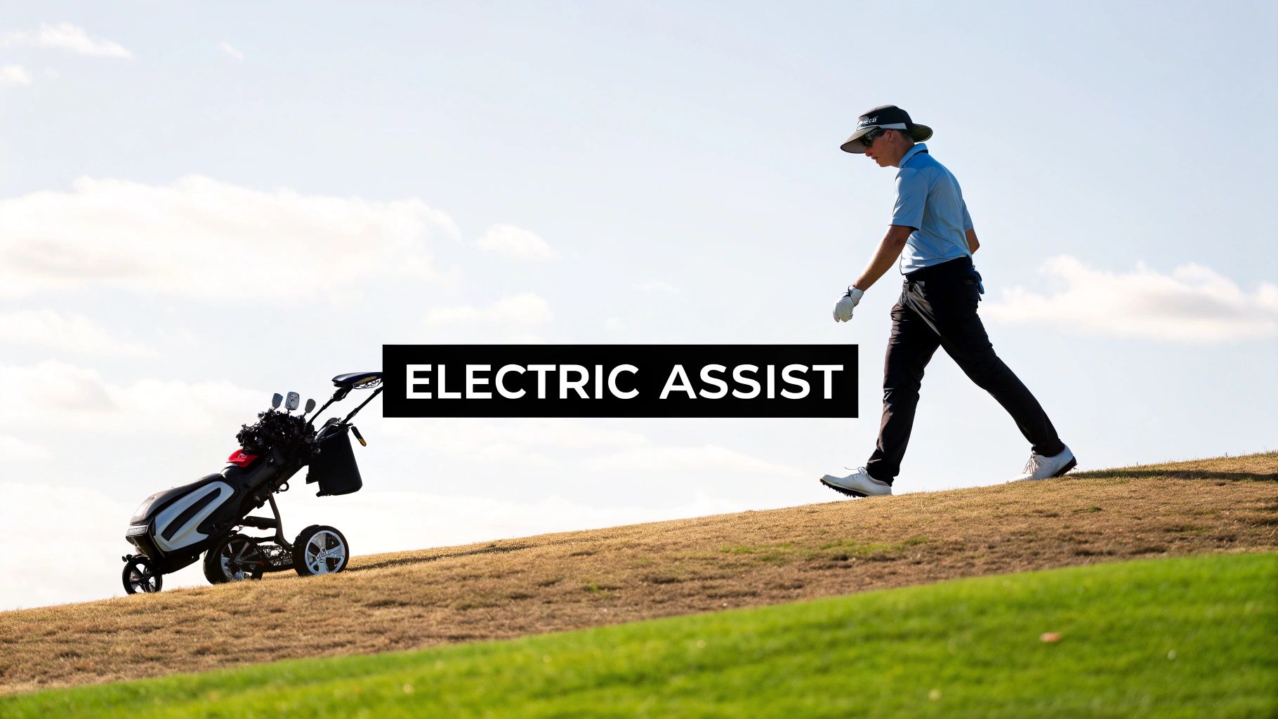 A golfer using an electric-assist push cart on a lush, green golf course