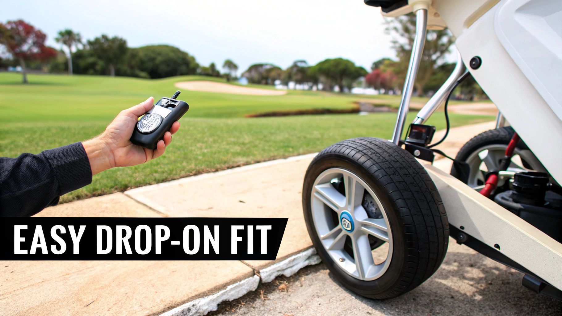 A person's hand holds a black remote control, likely operating an electric golf cart on a course.