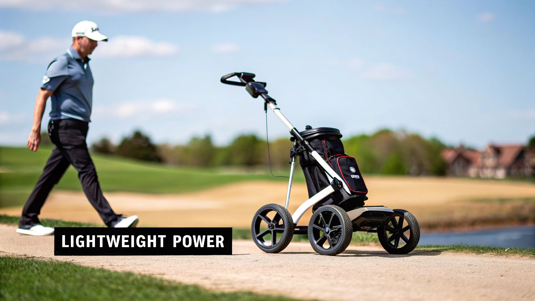 A golfer walks beside a white and black electric golf push cart on a sunny golf course.
