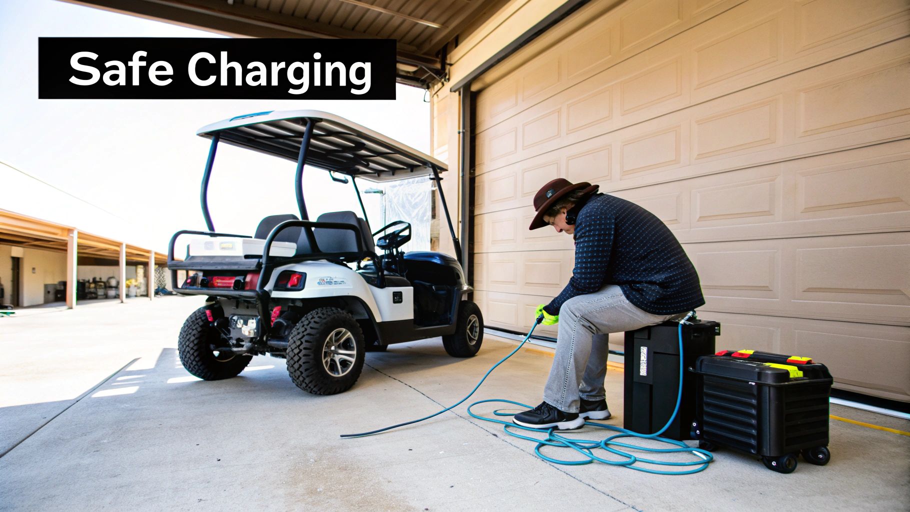A person in a hat charges a white golf cart using portable battery packs and blue cables.