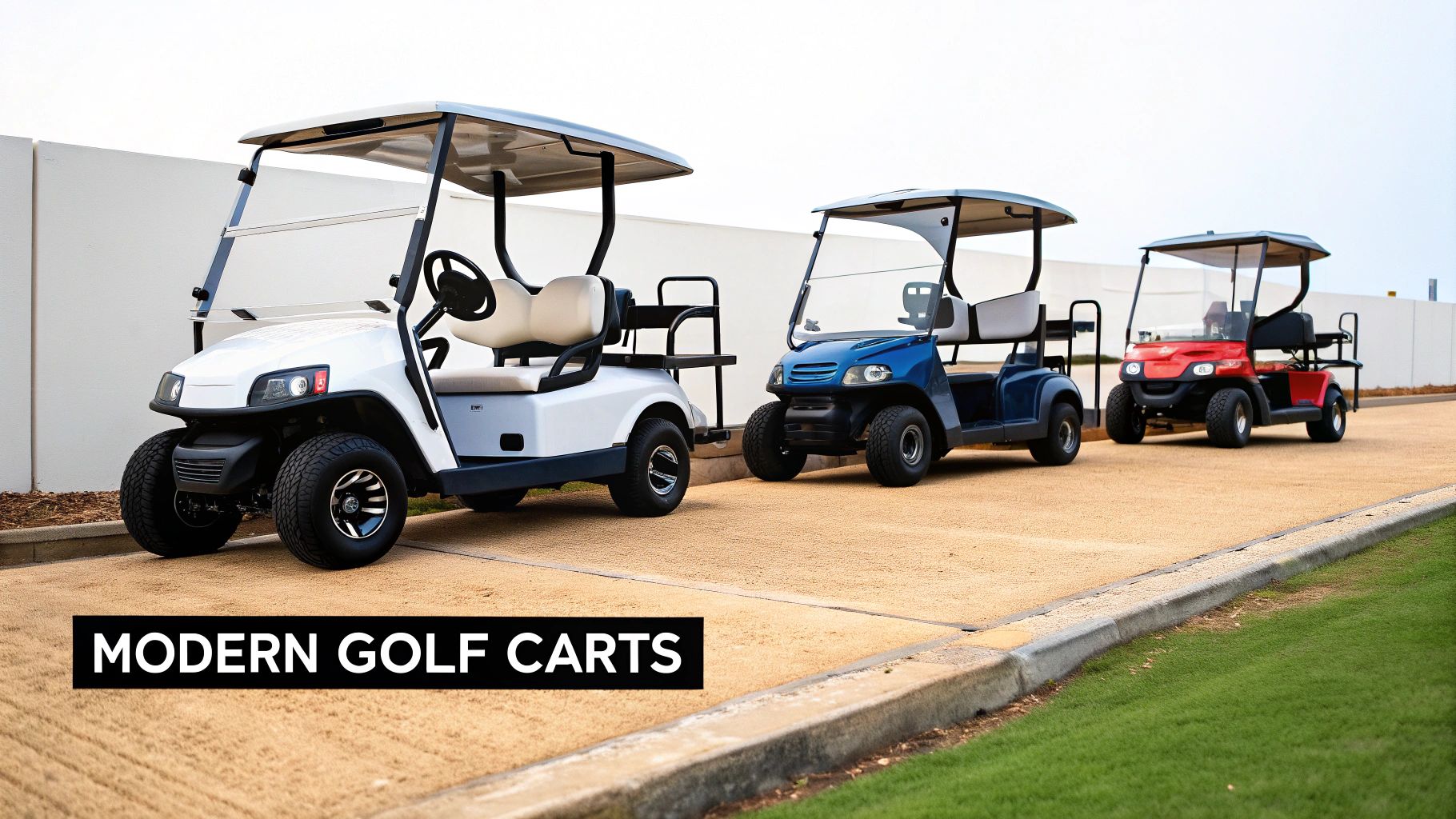 Three modern golf carts, white, blue, and red, parked on a paved pathway.
