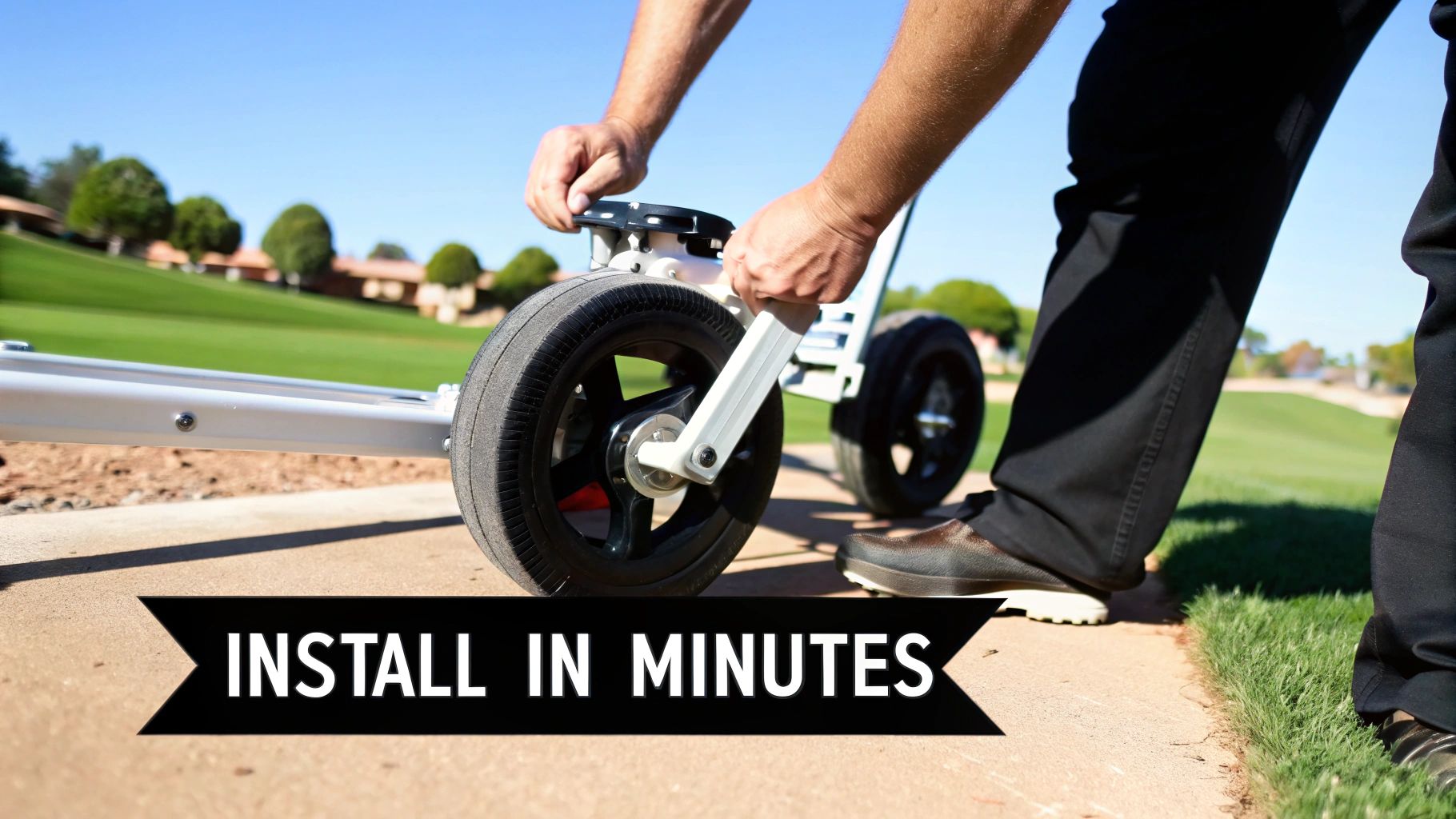 A person's hands attach a wheel to a golf cart on a sunny course, with an 'INSTALL IN MINUTES' banner.