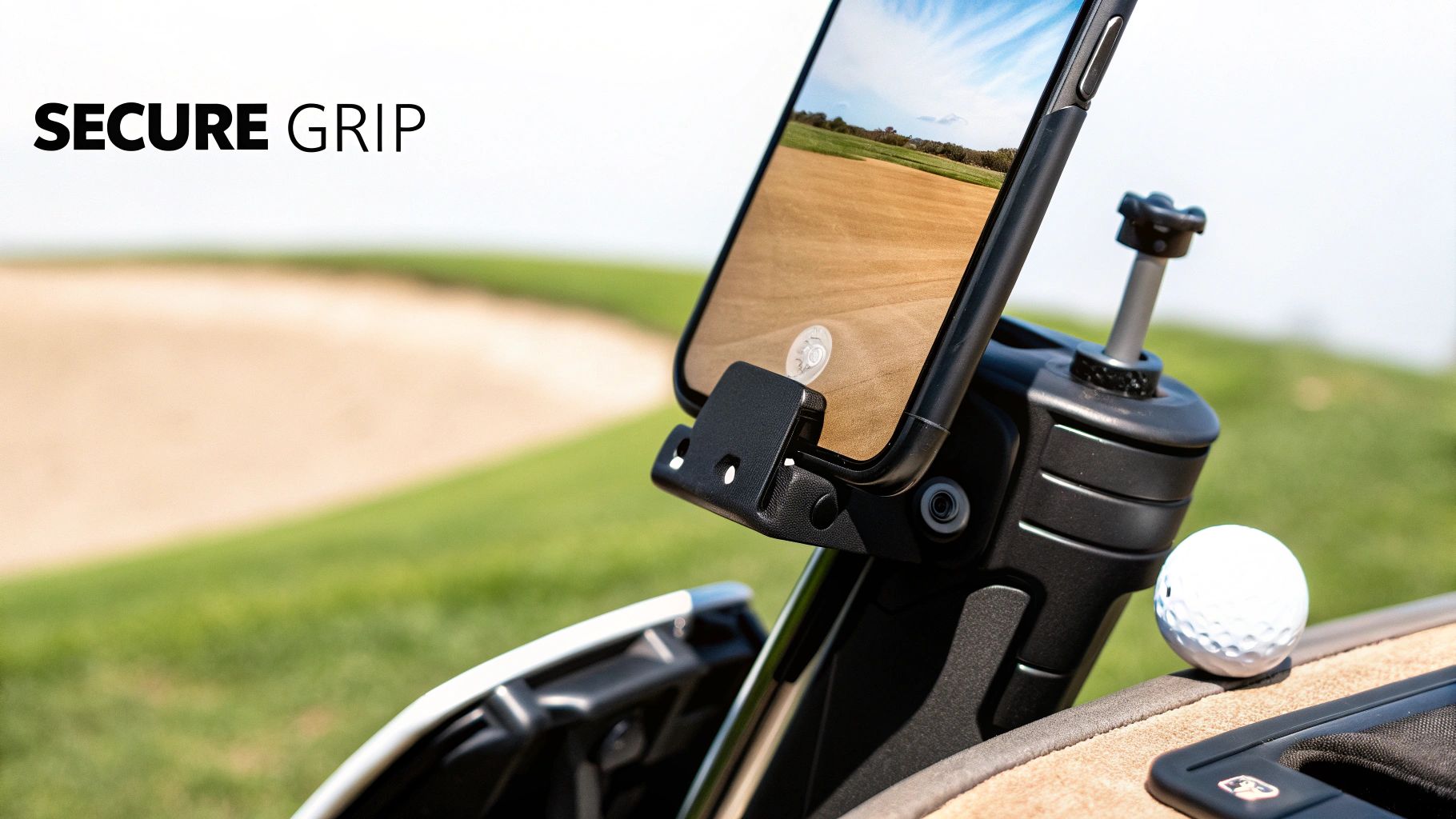 A smartphone in a secure holder attached to golf equipment, with a golf course background.
