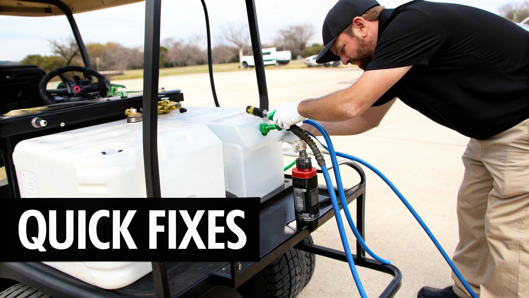 Man in gloves connects a blue hose to a battery watering system with white tanks on a golf cart.