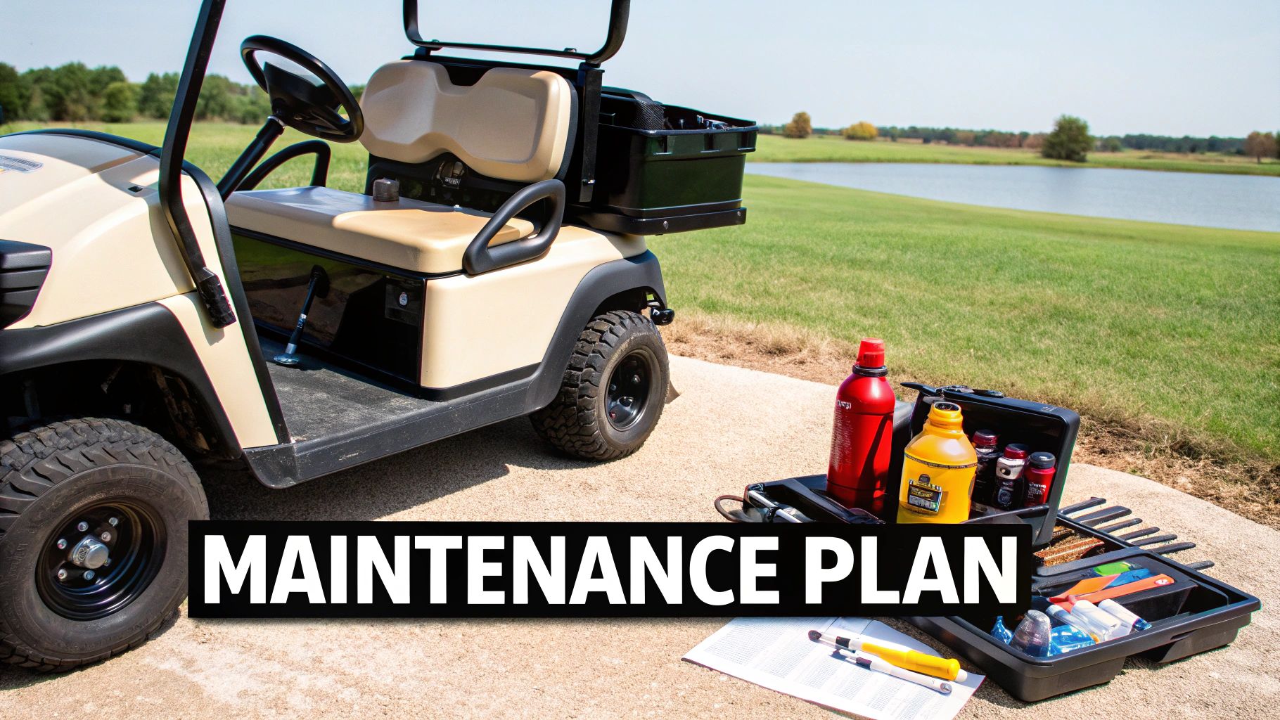 Person performing maintenance on a golf cart in a clean garage