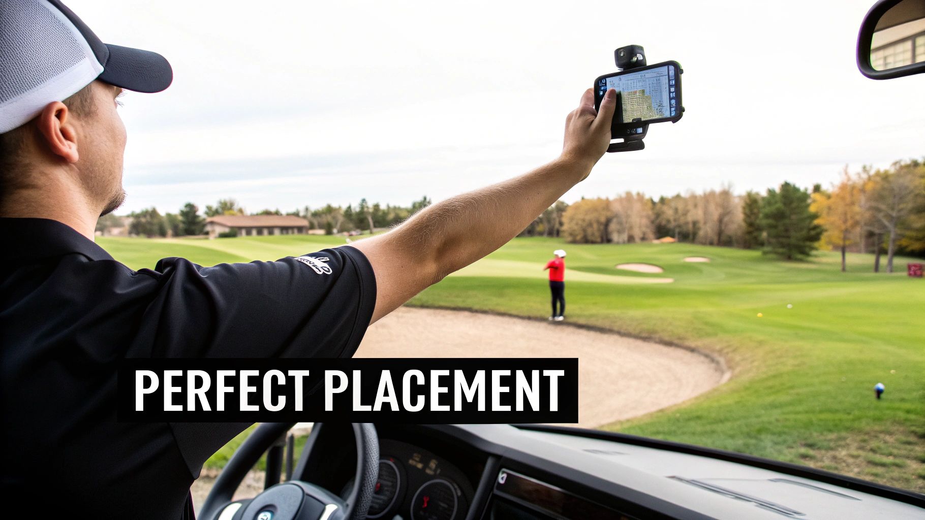 A golfer in a golf cart holds a smartphone with a holder, looking at a golf course.