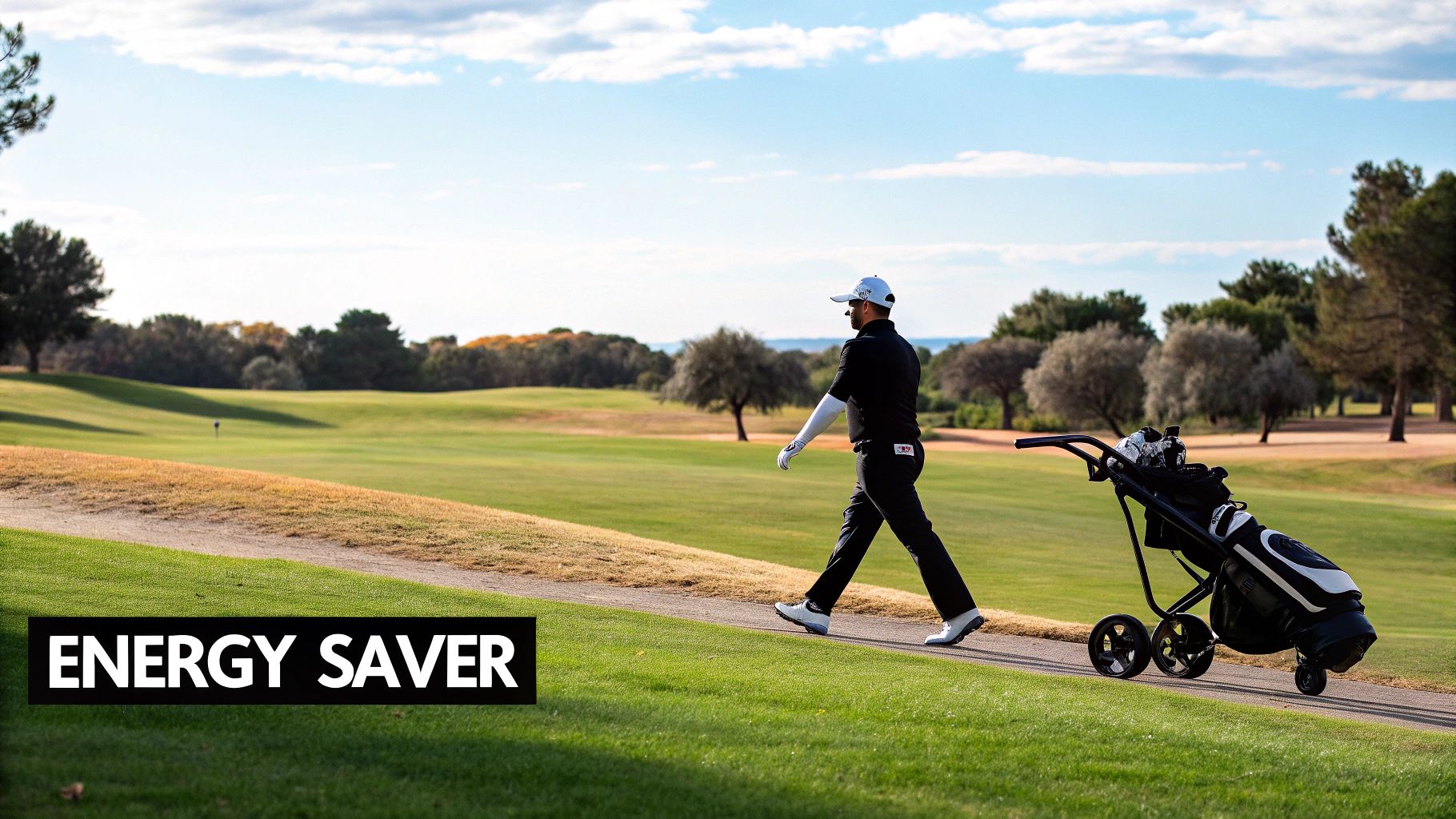A golfer pushing a cart on a sunny golf course.