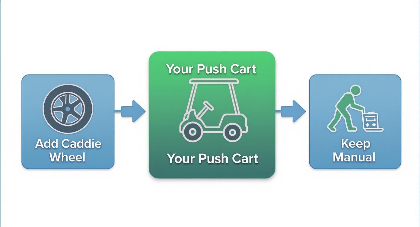 Infographic decision tree showing a choice between adding an electric wheel to a push cart or keeping it manual.