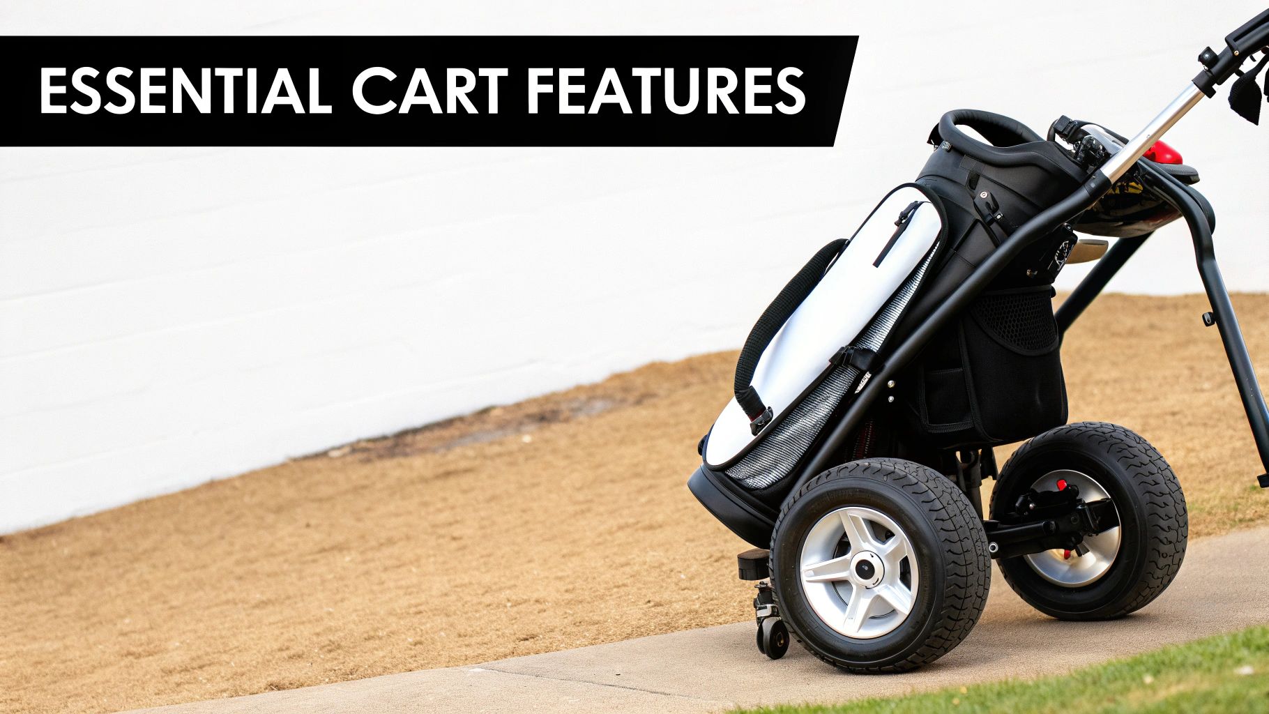 A black golf push cart with a white and black golf bag, on a paved path.
