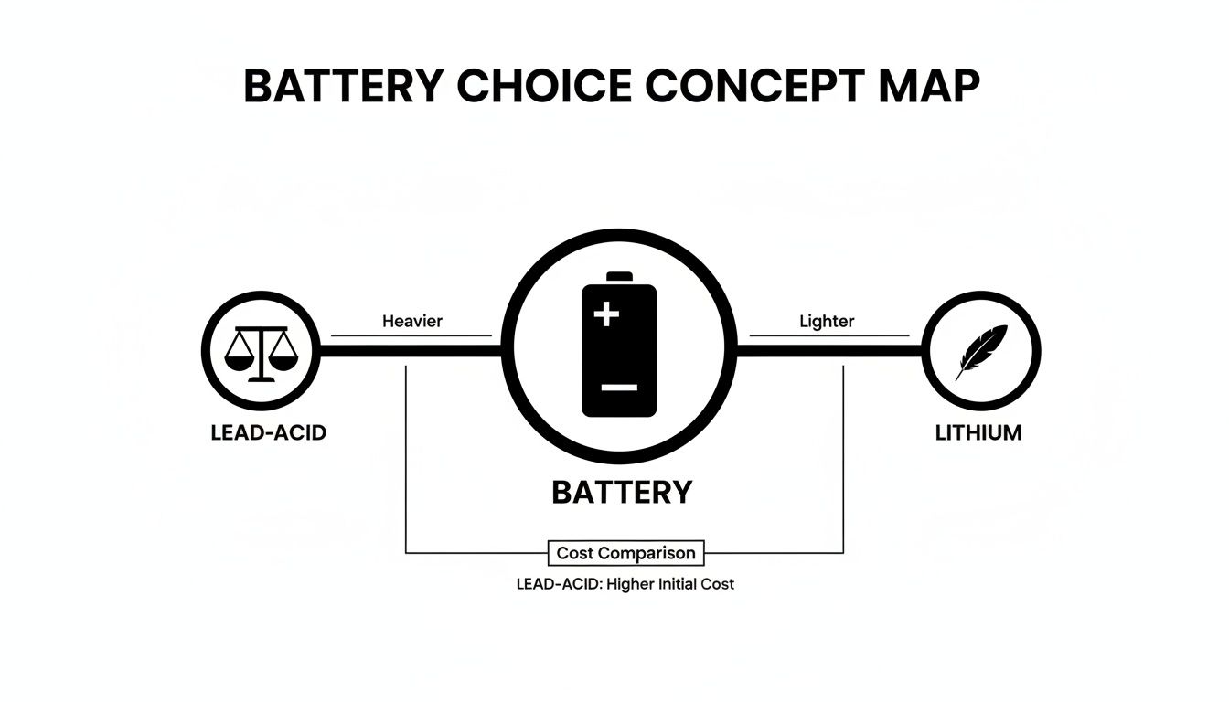 Concept map comparing lead-acid and lithium battery choices, highlighting weight and initial cost.