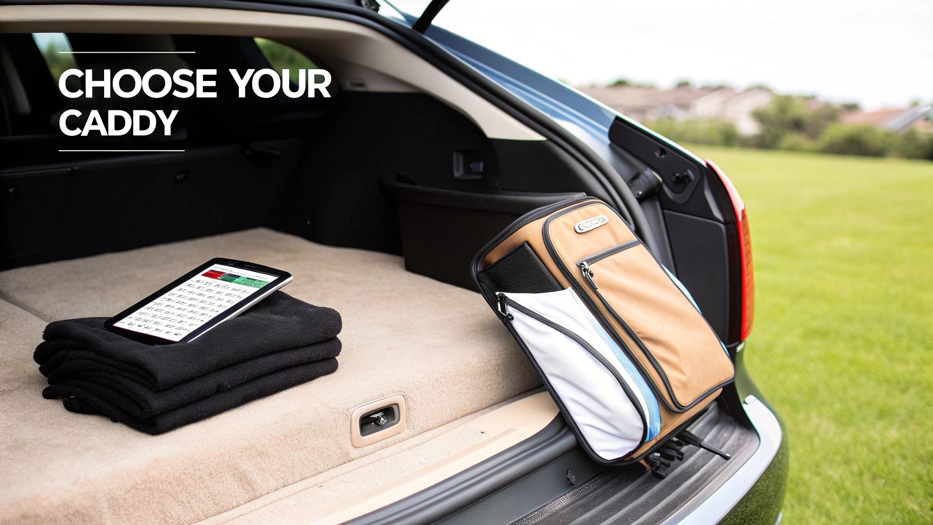 An open car trunk holds a golf bag, a tablet displaying a score, and folded black towels. Text reads 'CHOOSE YOUR CADDY'.