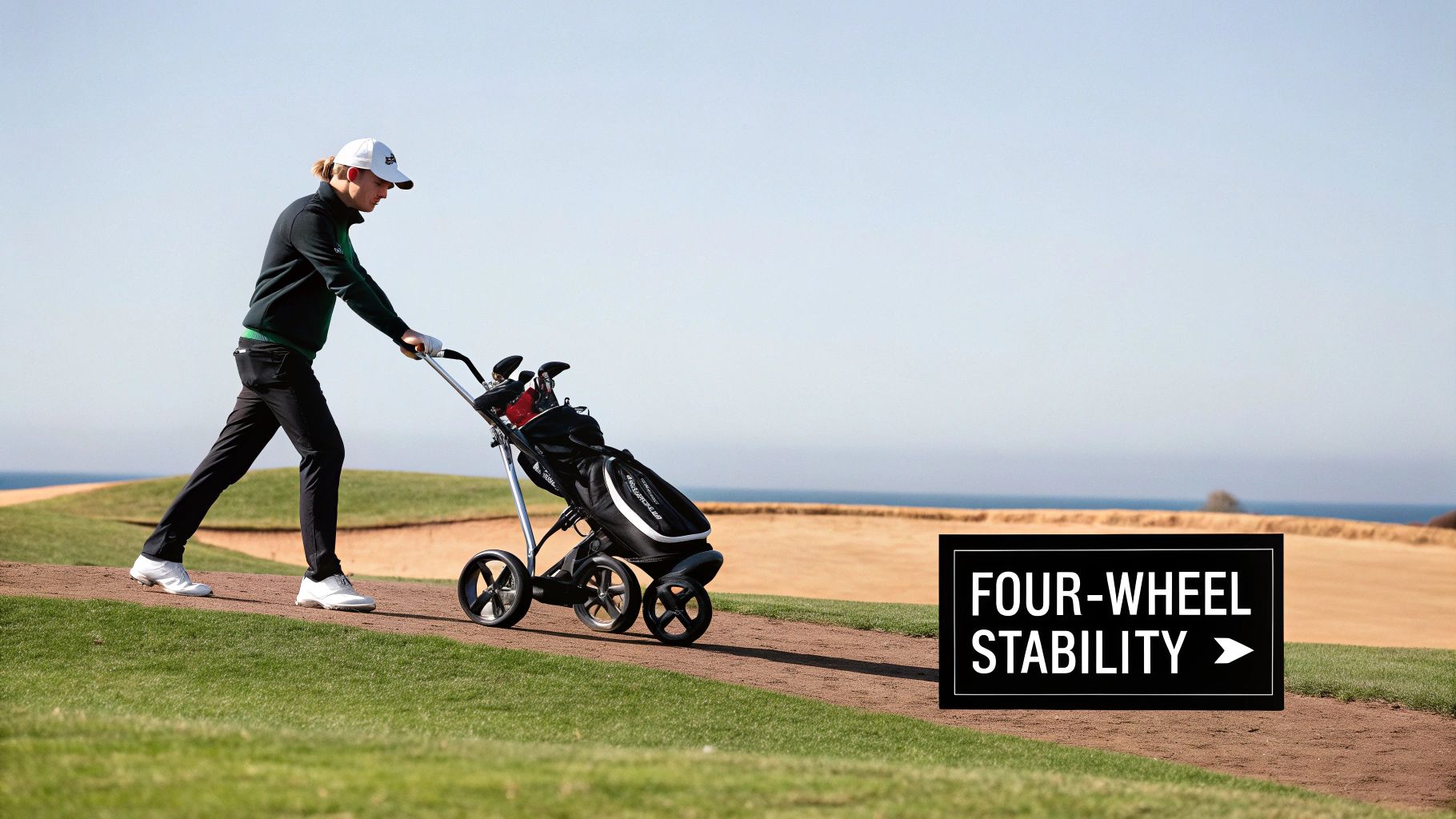 Young male golfer pushing a four-wheel golf cart on a sunny day at a scenic golf course.