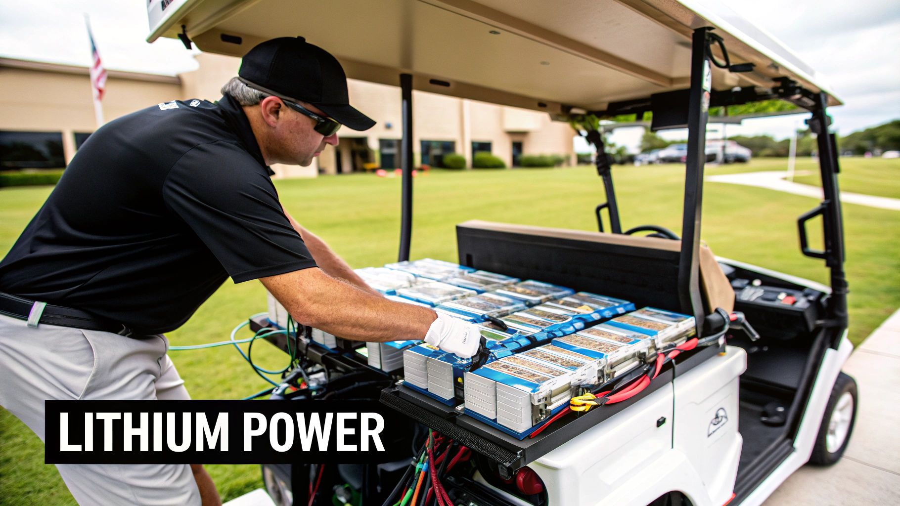A man installs multiple lithium battery modules into a white electric golf cart on a golf course.