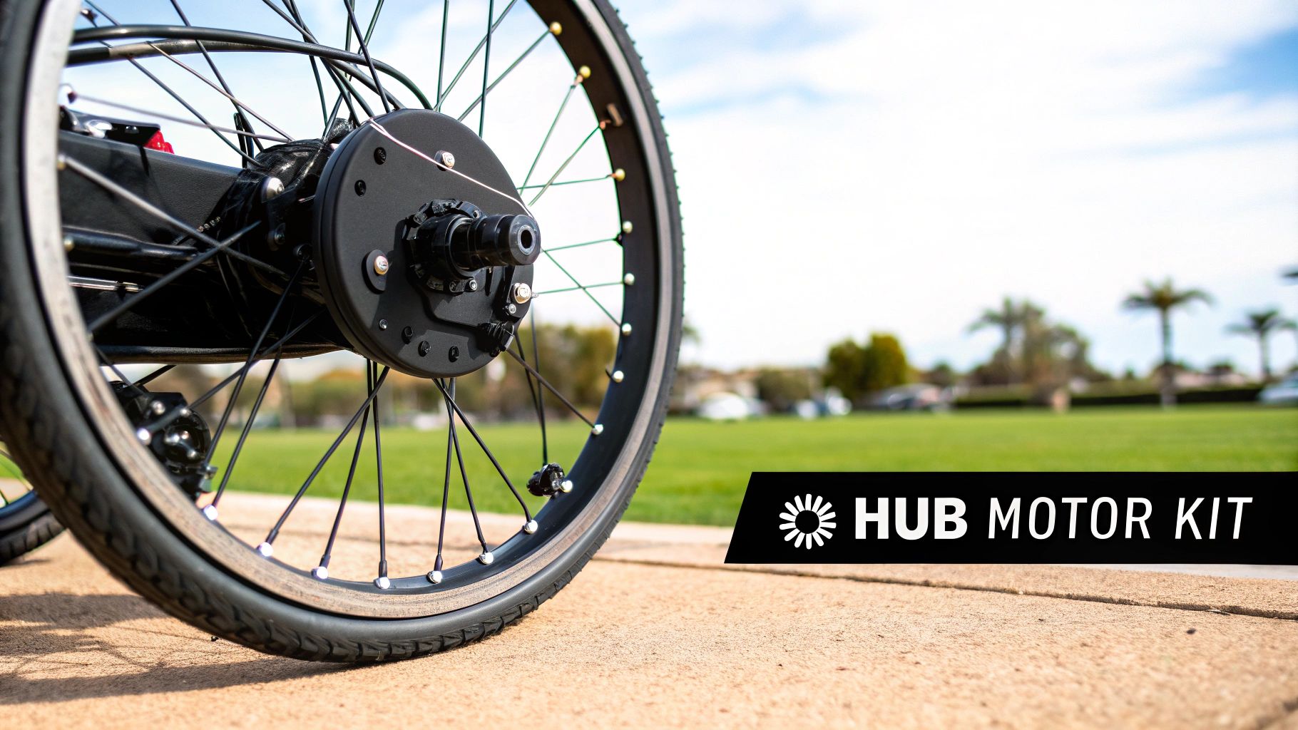 Close-up of a bicycle wheel with a black hub motor kit installed, outdoors on a sunny day.