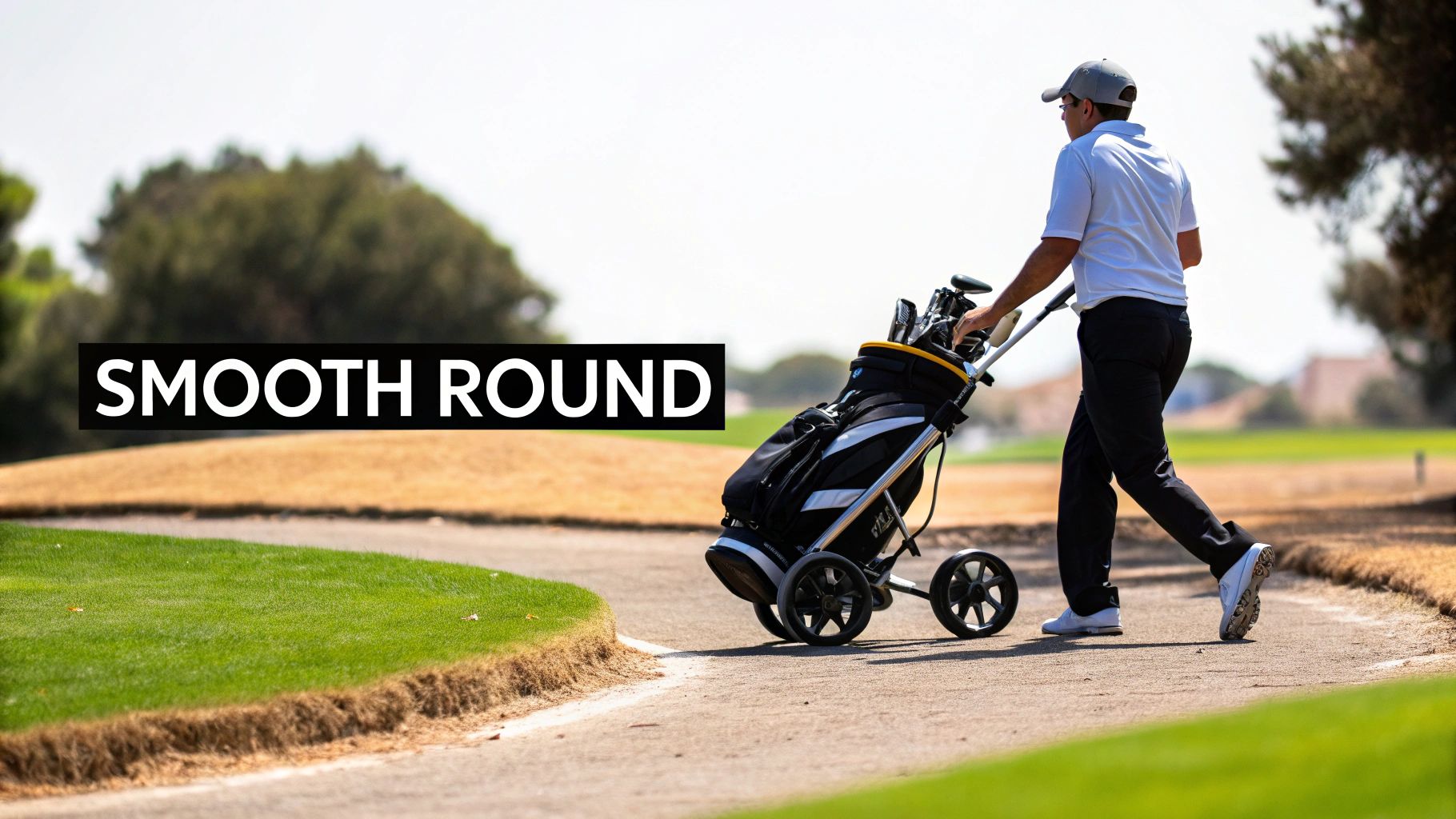 Golfer pushing wheeled cart with golf bag on paved path along fairway