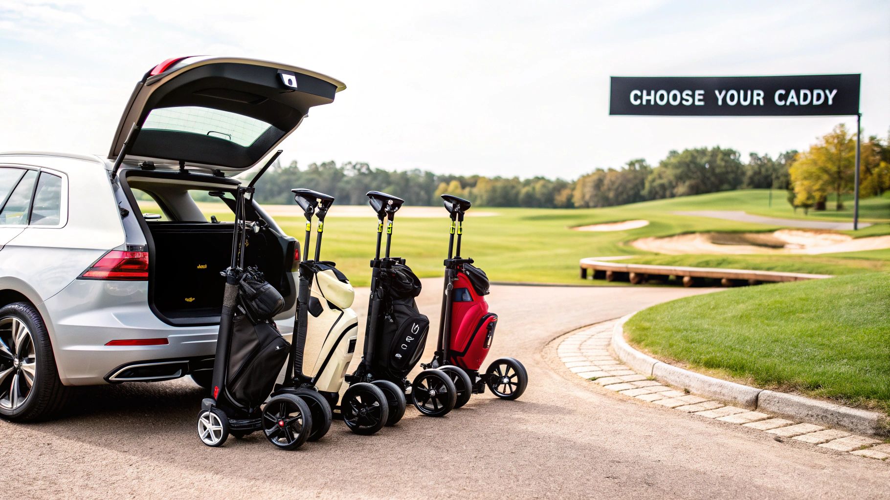 A golfer selects a club from their bag on an electric golf cart caddy