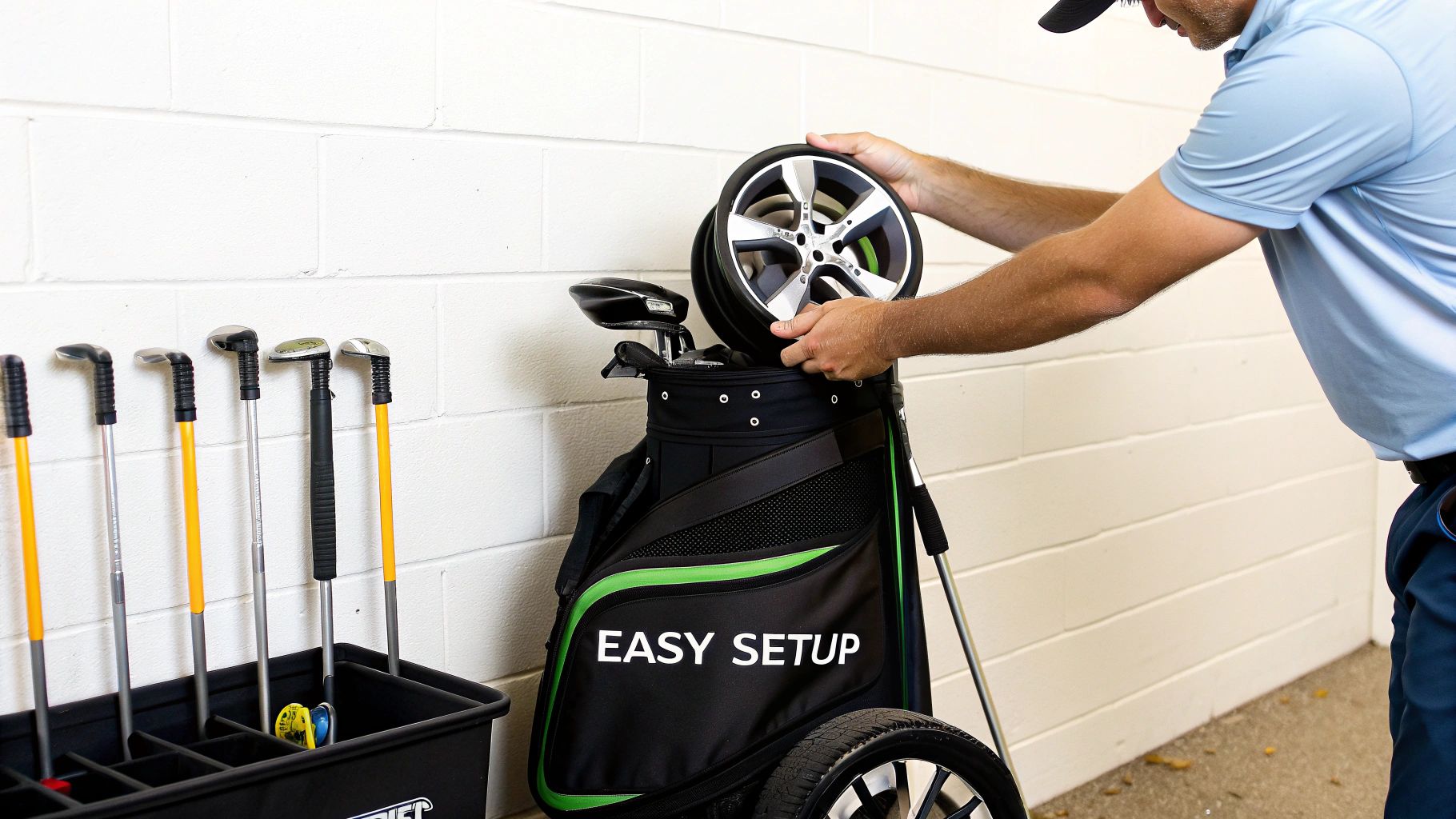 A man attaches a wheel to a black golf bag with 'EASY SETUP' text, with golf clubs nearby.