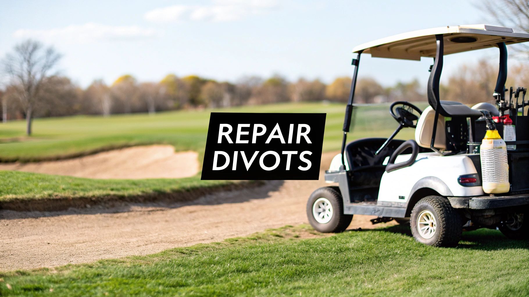 A white golf cart equipped with sand bottles on a sunny golf course next to a sand trap, with text 'REPAIR DIVOTS'.
