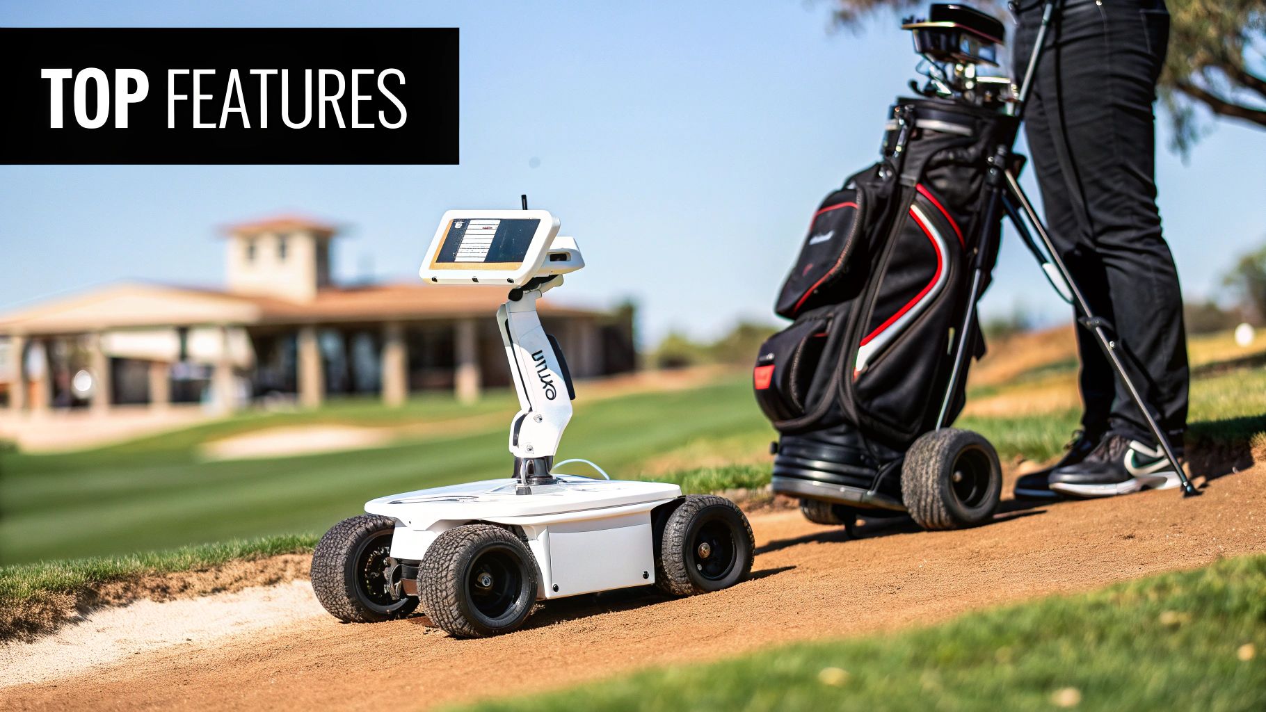 Golfer with a golf caddy robot on a sunny course