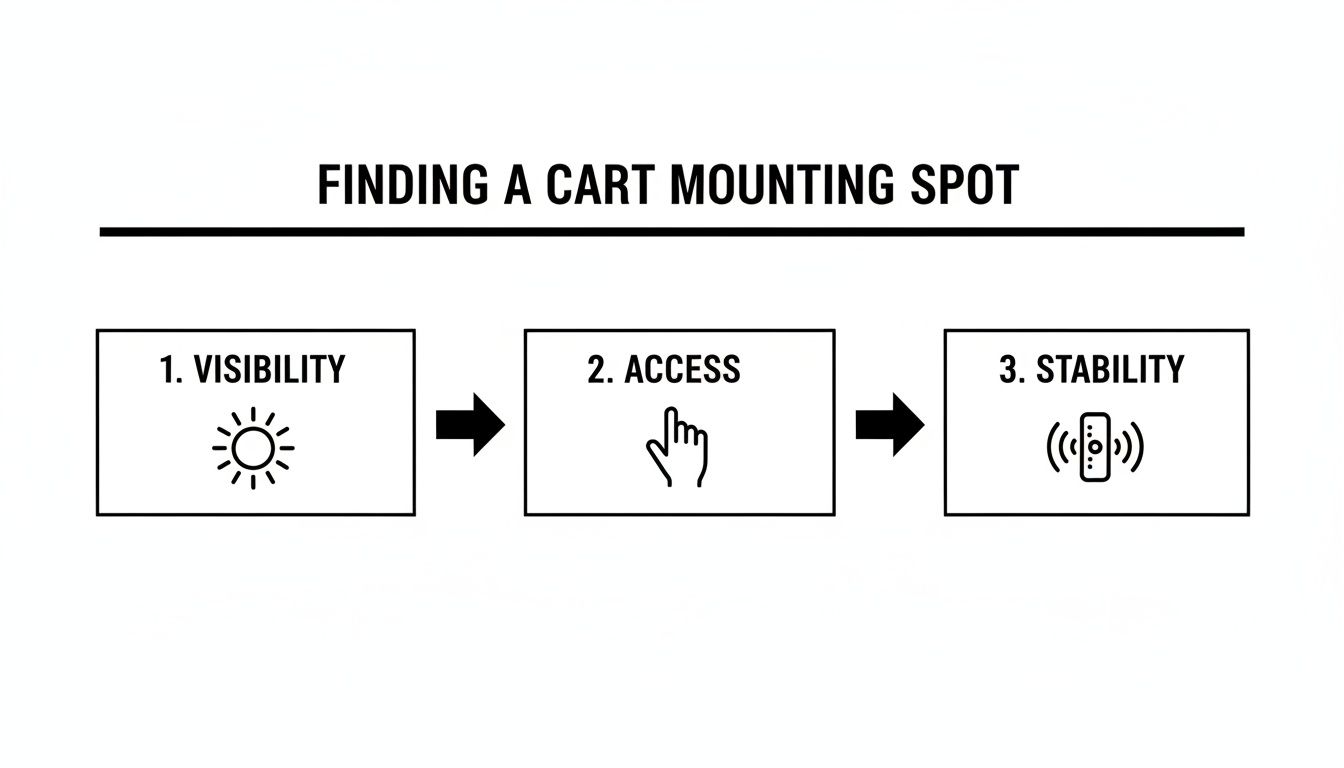 A flowchart guides users to find a cart mounting spot considering visibility, access, and stability.