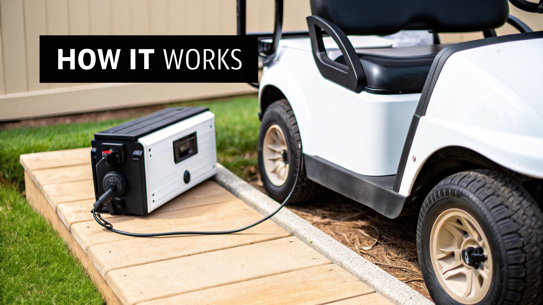 White golf cart connected to portable charging unit on wooden platform demonstrating charging process