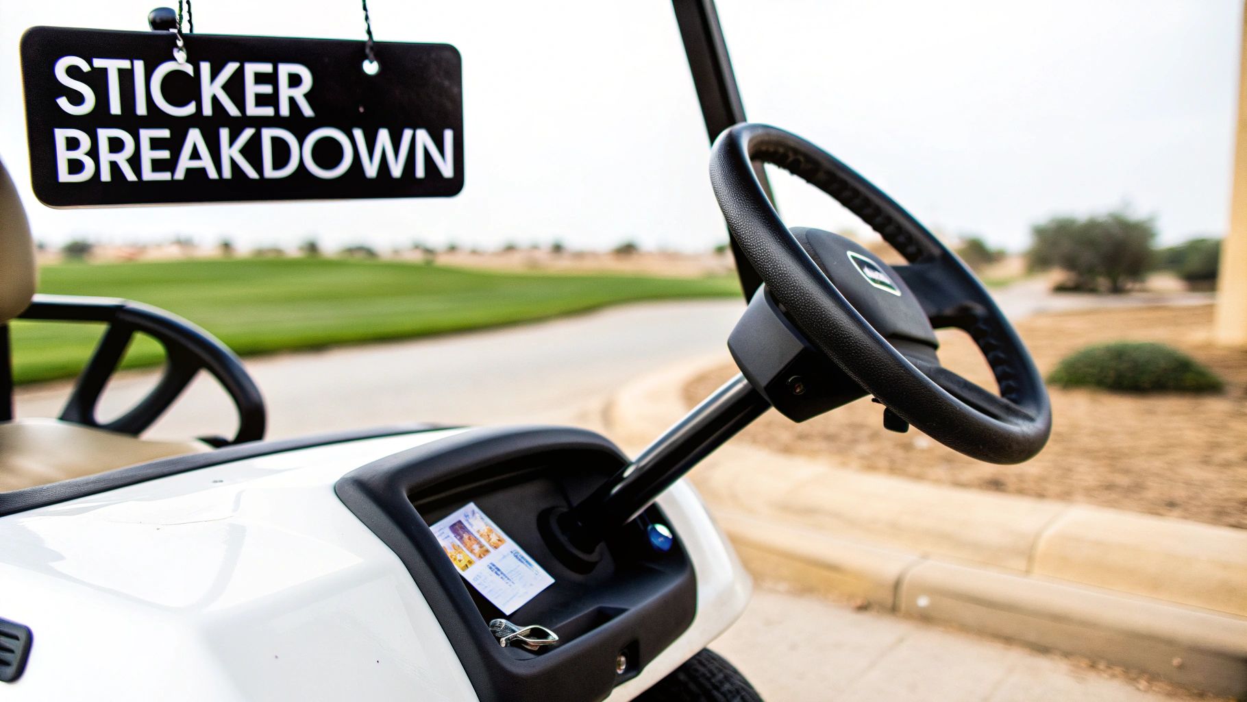 Golf cart steering wheel and dashboard with sticker breakdown sign at golf course