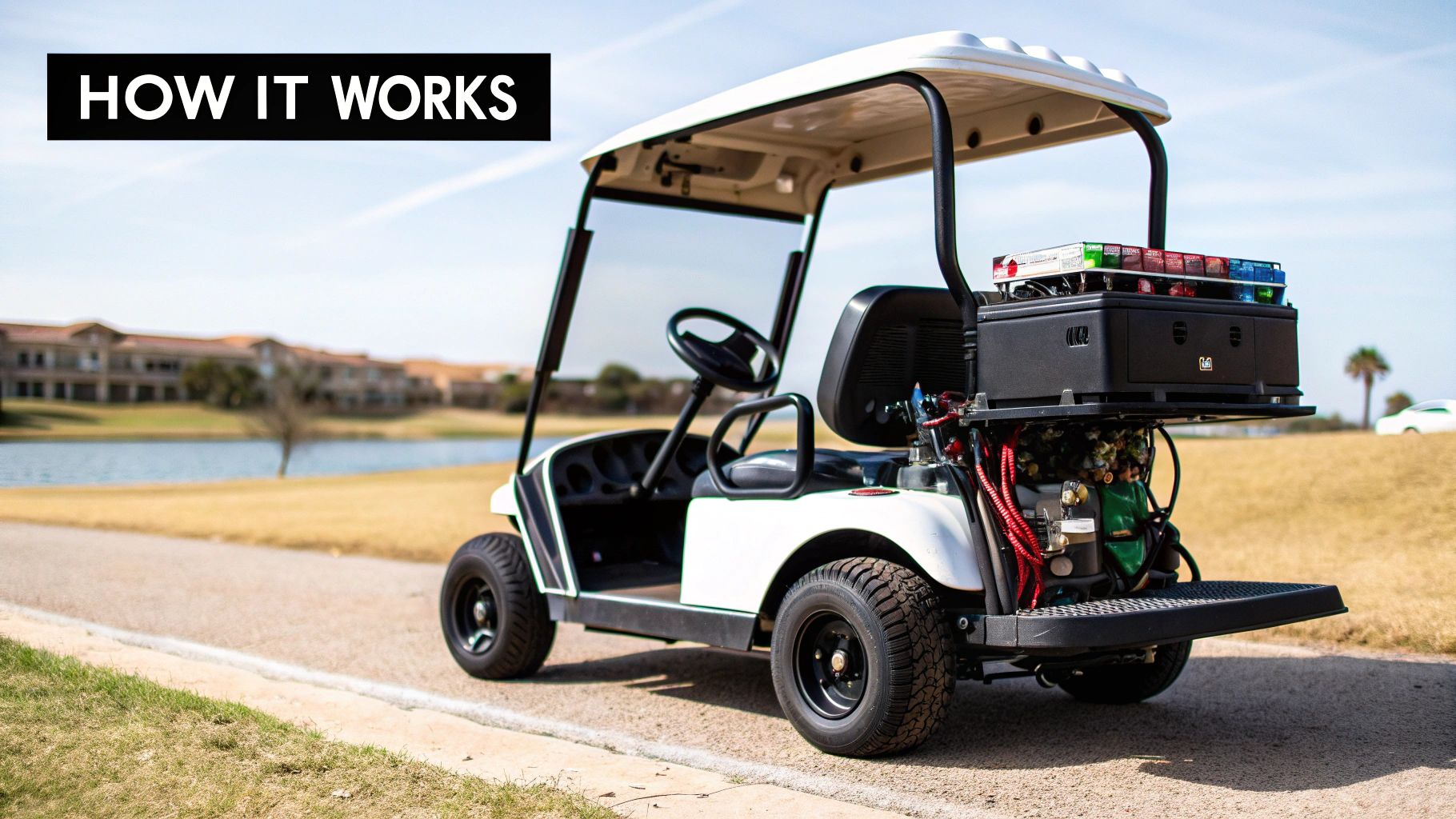 A modern electric golf hand cart sits on the green, highlighting its sleek design and technology.