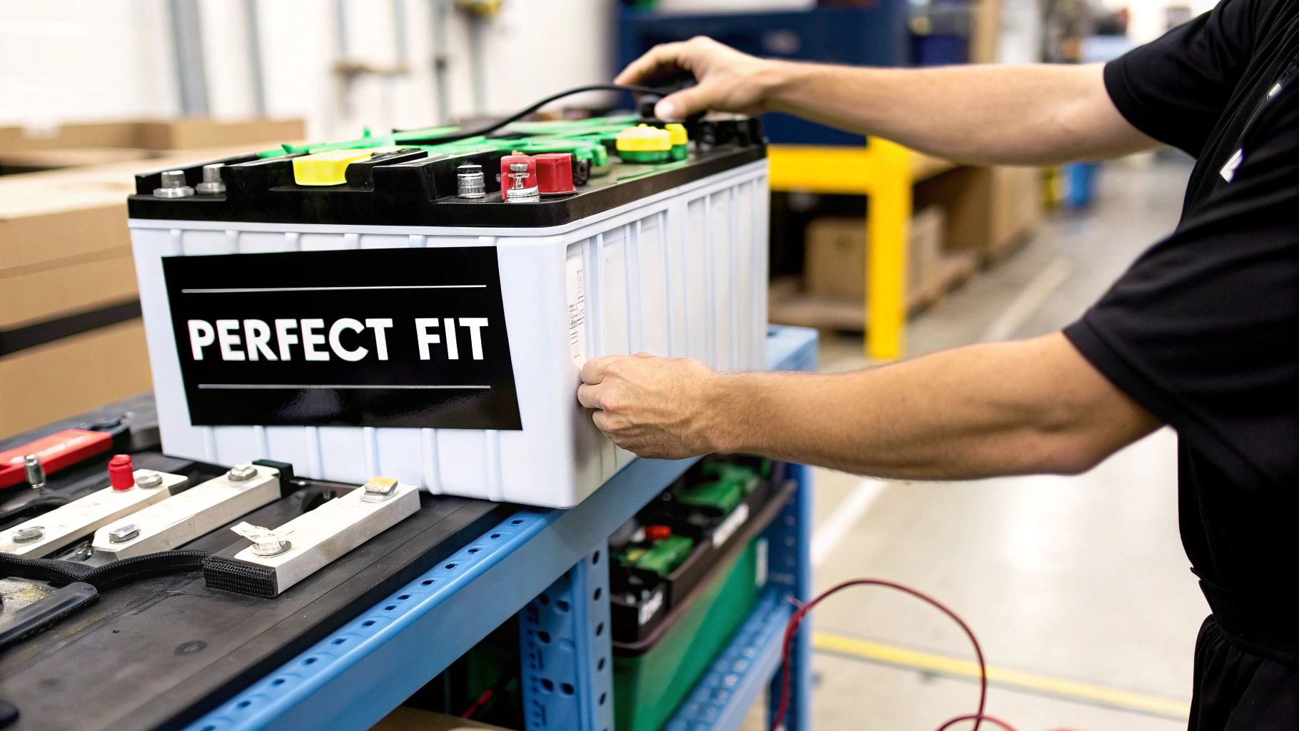 Close-up of a worker installing a large industrial battery with a 'PERFECT FIT' label.