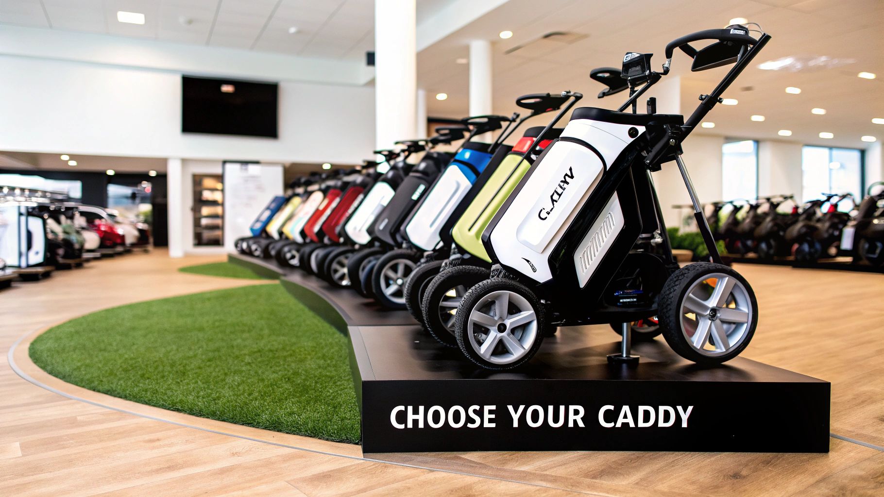A golfer choosing a remote controlled caddy in a pro shop setting
