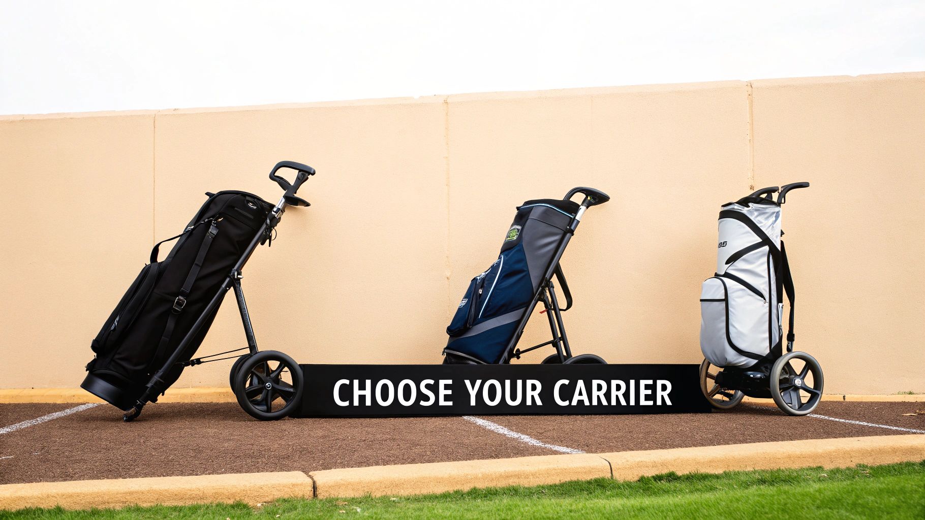 A golfer pushing a golf cart on a green course