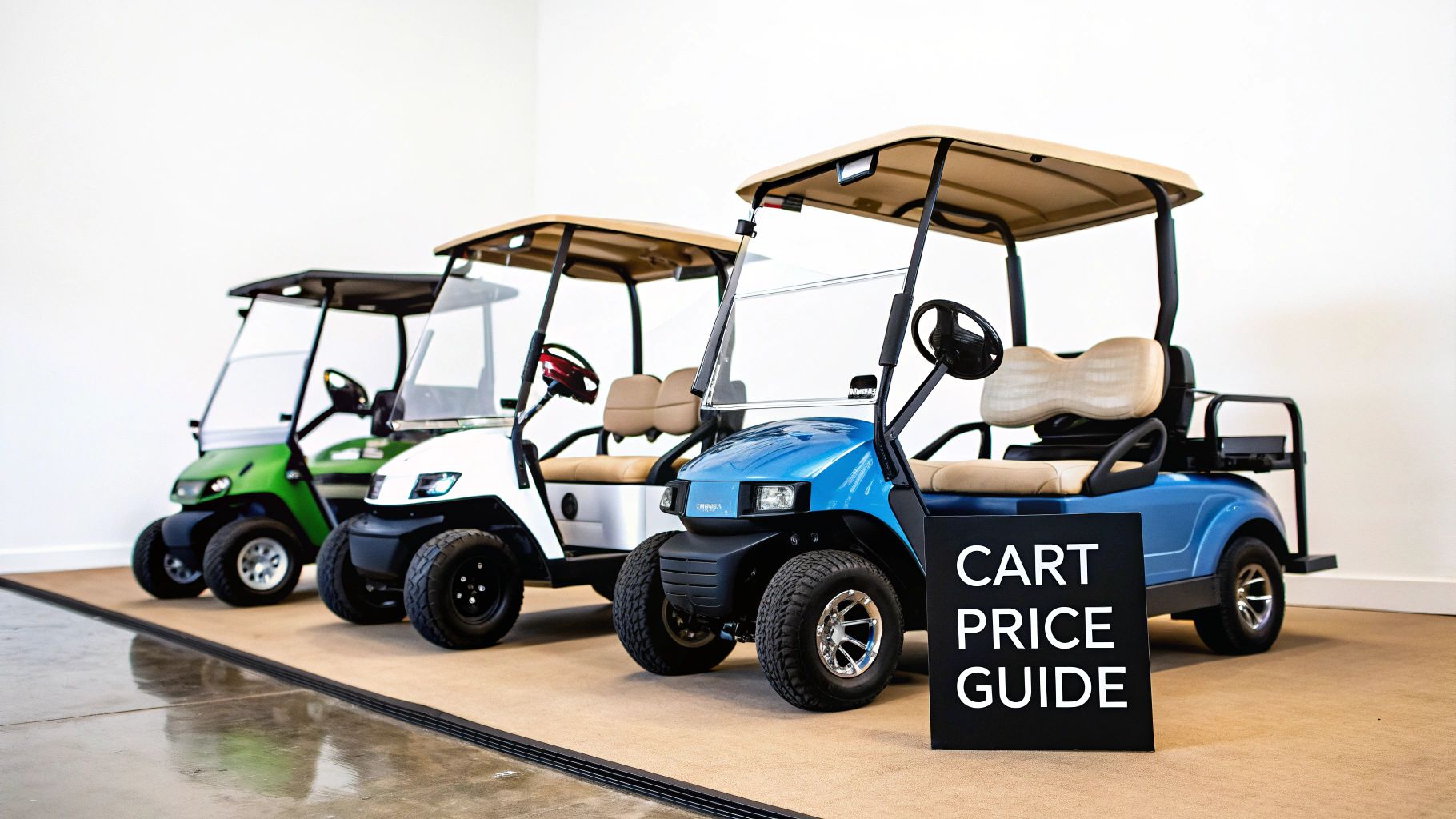 Three colorful electric golf carts displayed in showroom with cart price guide sign