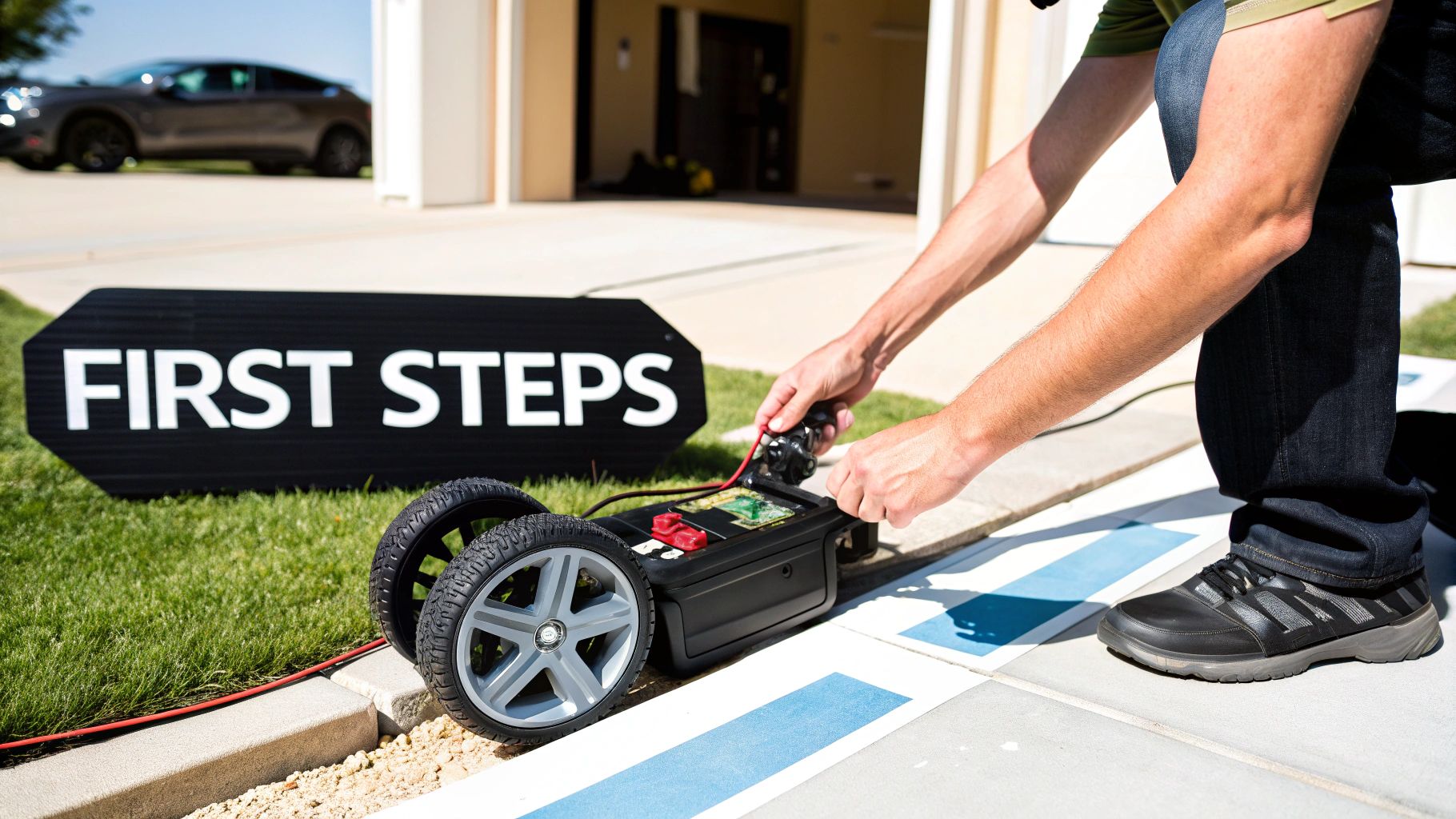 A golfer setting up their new electric caddie golf cart next to their car