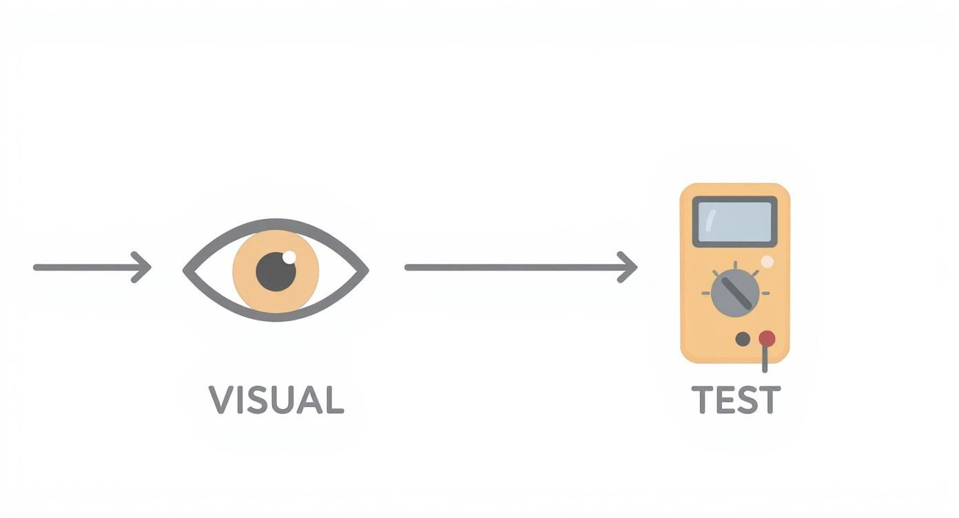 A diagram illustrates an eye icon labeled 'VISUAL' with an arrow pointing to a multimeter labeled 'TEST'.