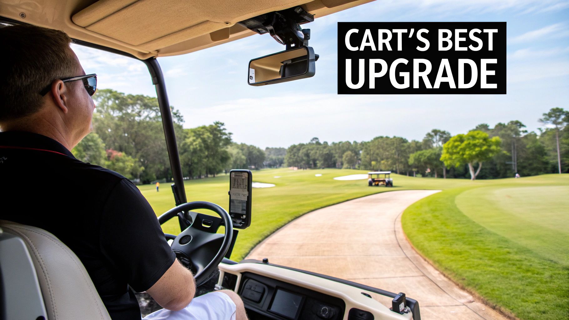 A smartphone securely mounted in a golf cart mobile phone holder, displaying a golf course map.