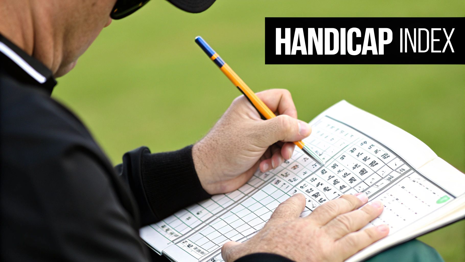 A golfer's hand holding a scorecard and pencil over a golf course background, symbolizing the calculation process.