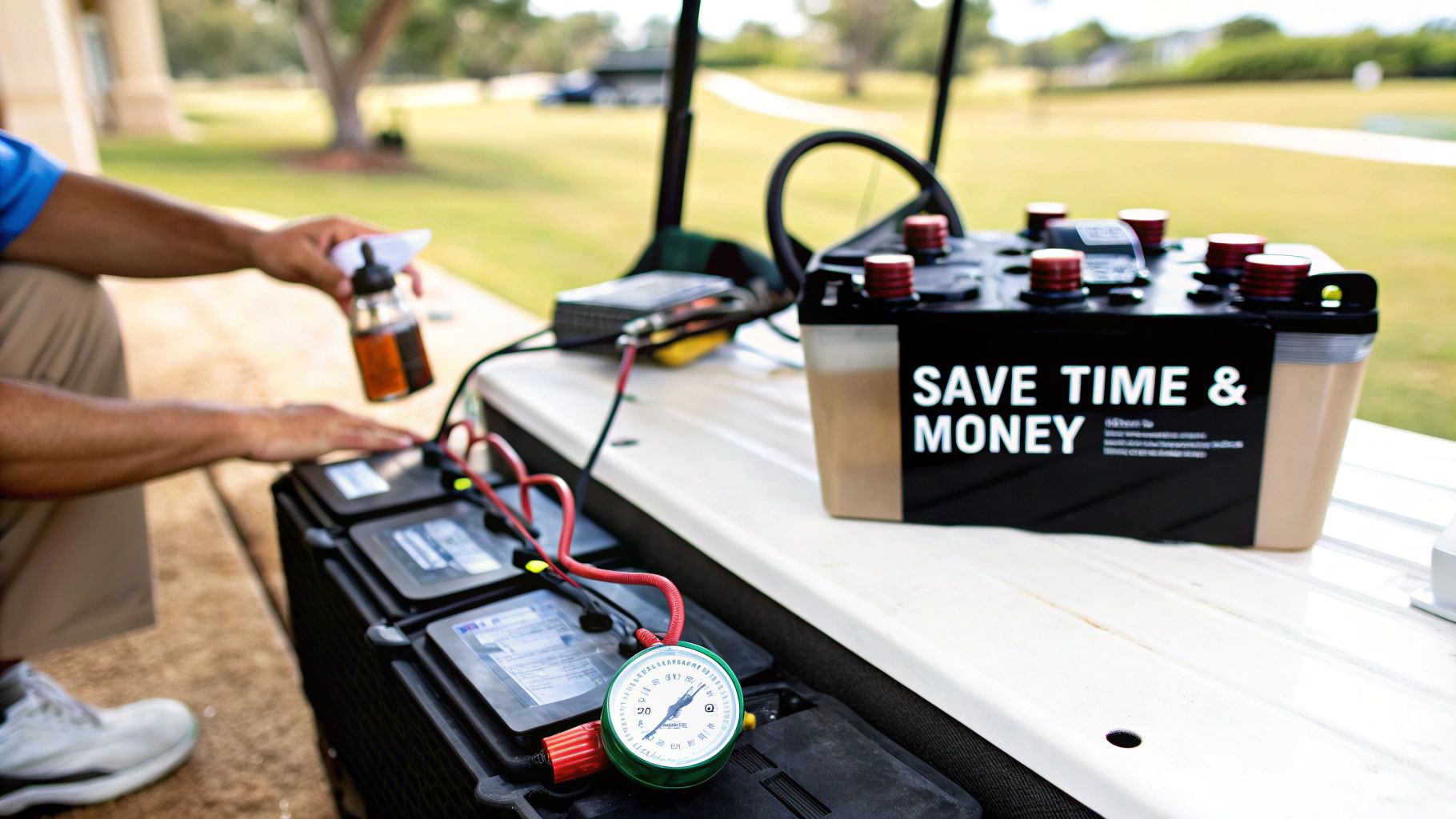 A person maintains golf cart batteries with a watering system, gauge, and a 'Save Time & Money' labeled battery.