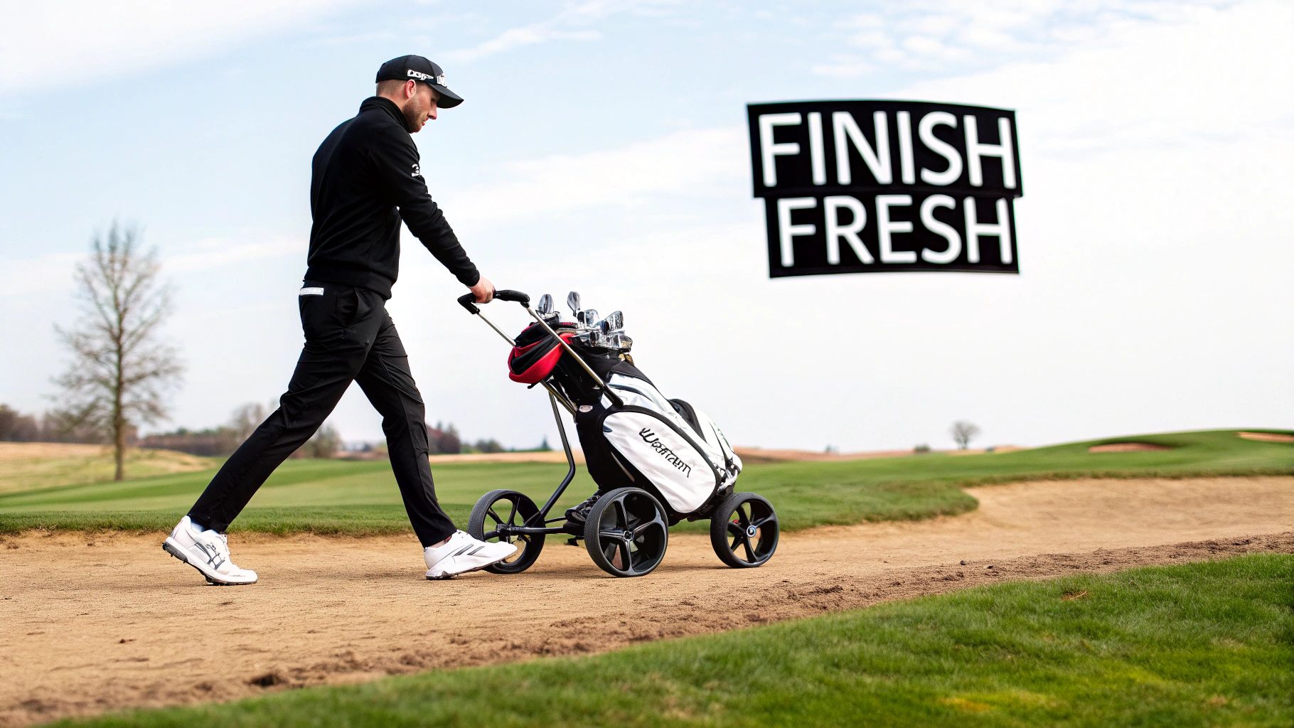 A person pushing a golf trolley with a battery on a green golf course