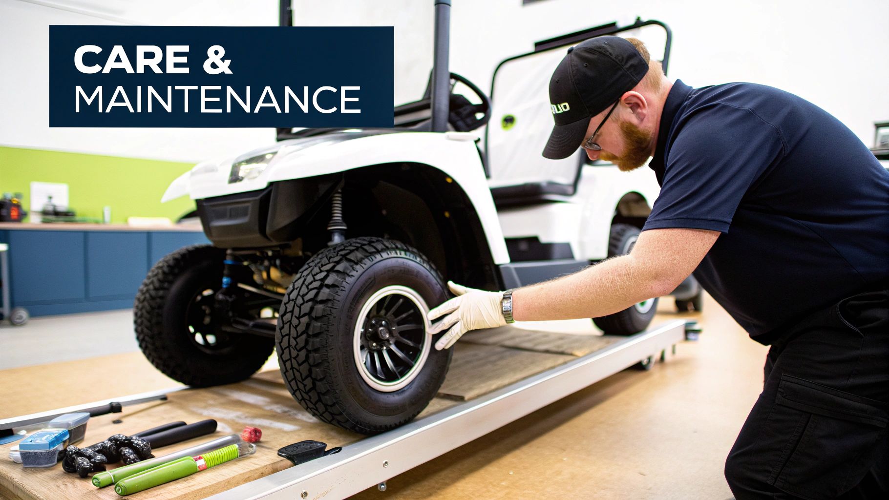 A clean Stewart golf cart resting on lush green grass next to a golf bag