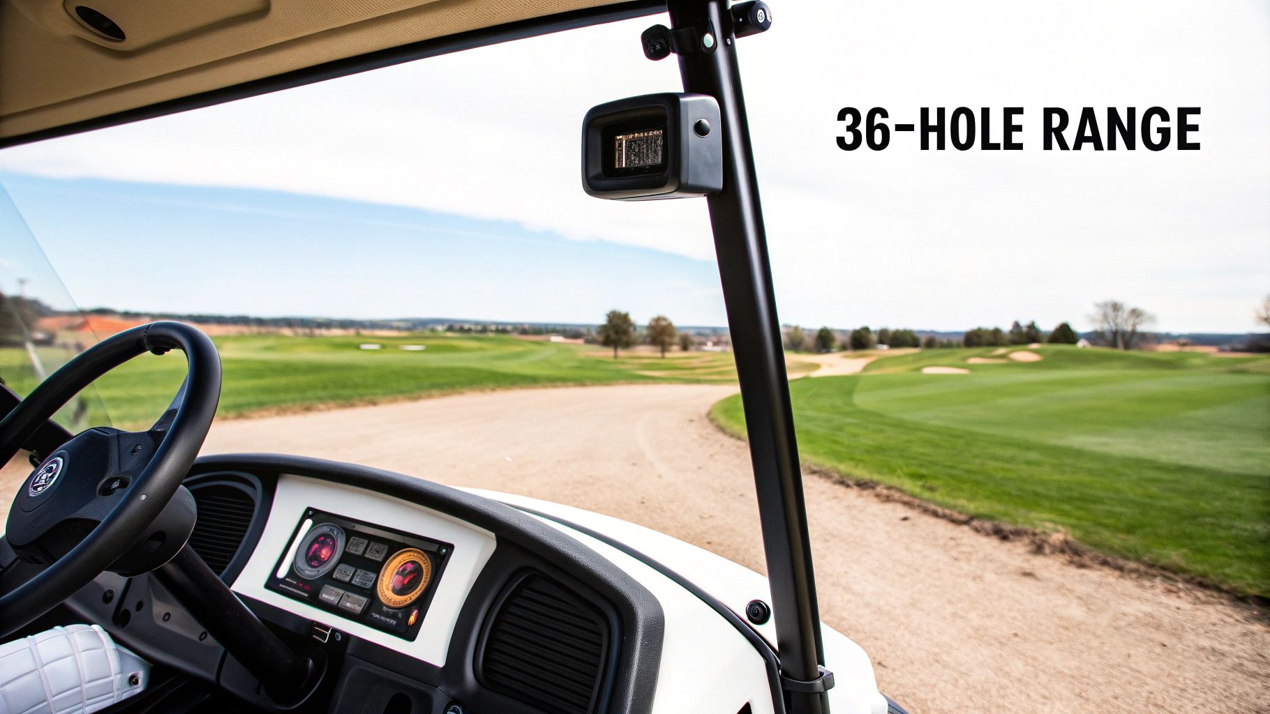 Inside a golf cart viewing a scenic golf course with a digital display and '36-HOLE RANGE' text.