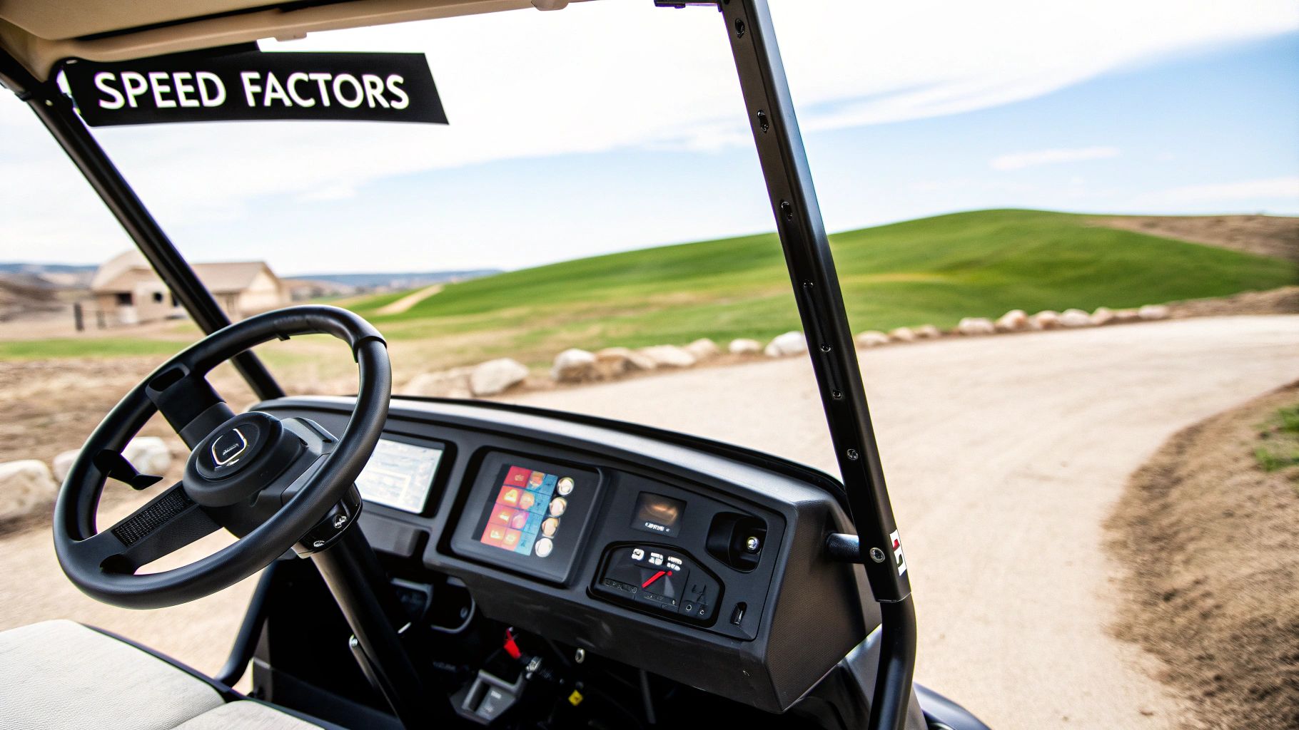 View from a golf cart showing the steering wheel, dashboard, and a sign 'SPEED FACTORS' on a course.