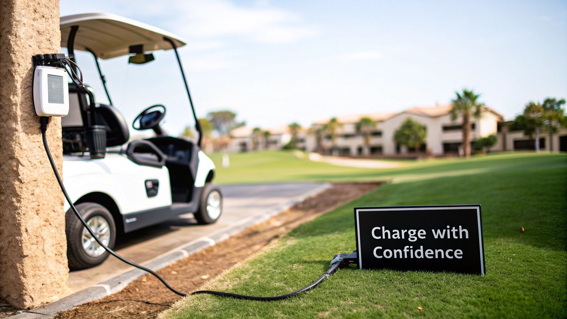 A white electric golf cart charges from a wall-mounted unit on a golf course next to a 'Charge with Confidence' sign.