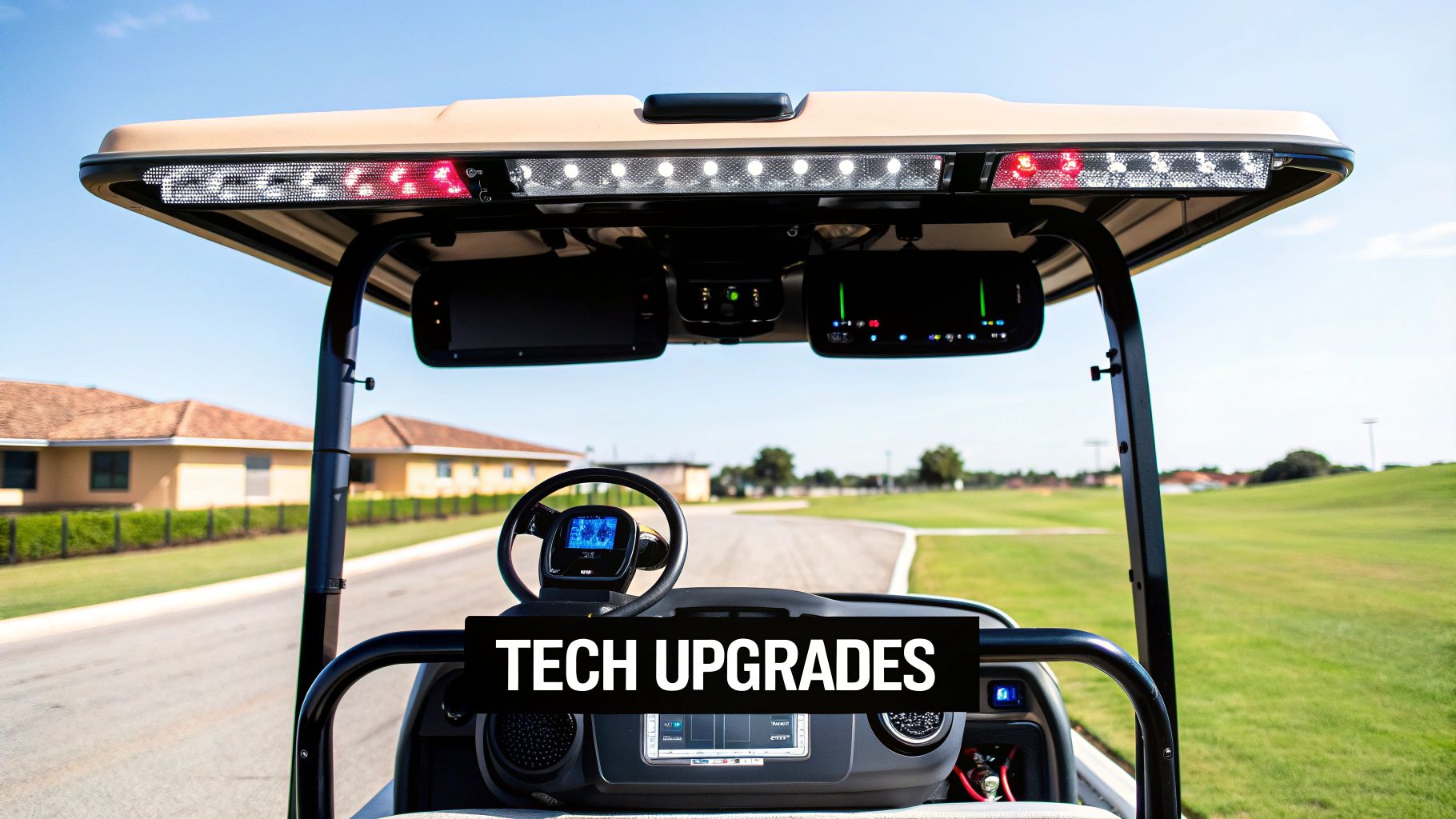 A golf cart equipped with modern LED lights and a sound system